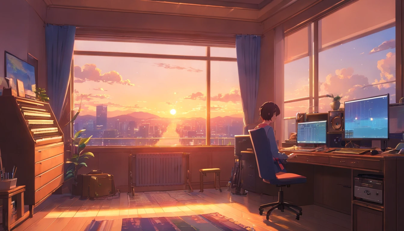 Music studio, floor to ceiling window，Bedrooms, the night, Computer, pianos，keyboards, Earphone, Monitor the speaker, Small lights, A high resolution, Super sharp, 8K, tmasterpiece