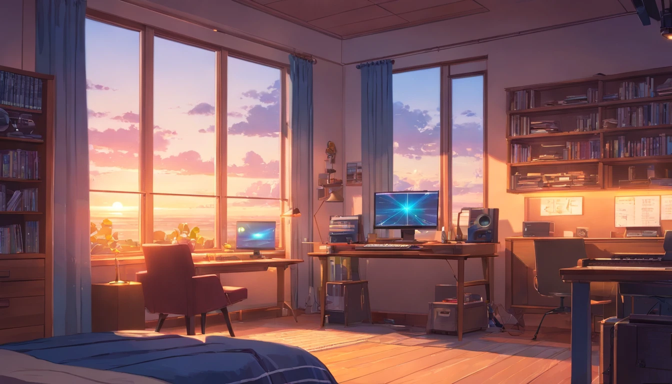 Music studio, floor to ceiling window，Bedrooms, the night, Computer, pianos，keyboards, Earphone, Monitor the speaker, Small lights, A high resolution, Super sharp, 8K, tmasterpiece