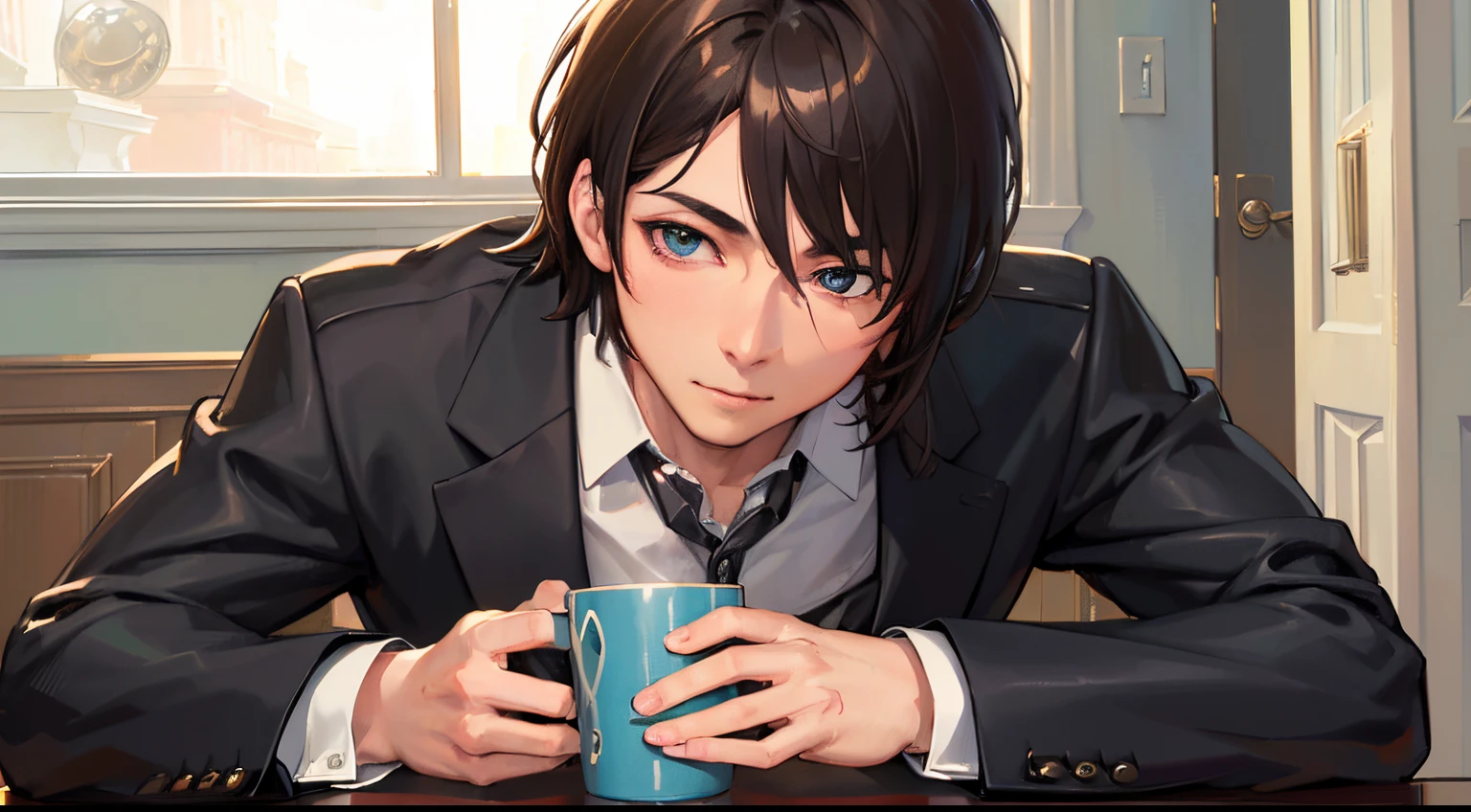 (((A realistic photo))), a male anime character leaning his back against a table in suit jacket, 1boy, male focus, clock, brown hair, smile, solo, heterochromia, cup, brown eyes, virtual YouTuber, ((RAW photo, CG Unity, photografic, ultra realistic details, sharp-focus, detailed skin, 4k, hight resolution, Masterpiece, Best Quality, Realistic, Vibrants:1.2), (8K, 4k, UHD, High Resolution, Professional, Cinematic, Movie, dramatic), (anamorphic depth of field, background blur), Detailed background.