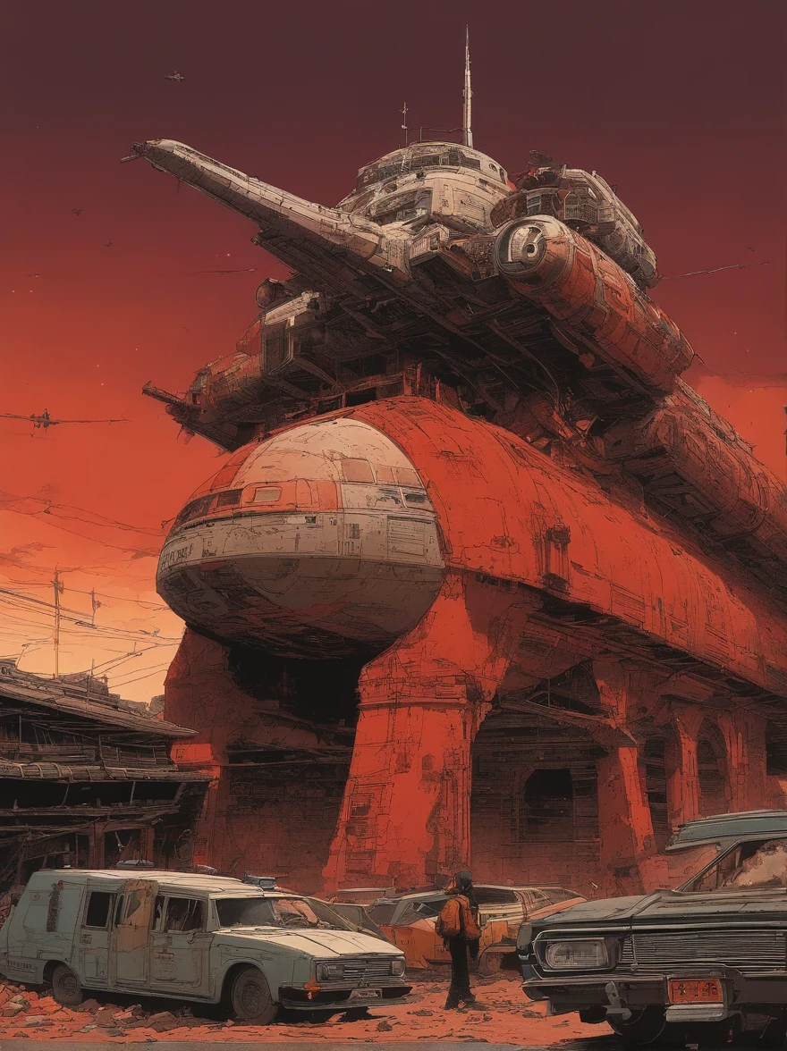 spaceships、Katsuhiro Otomo's painting style、Desolated star、Red burnt sky、Destroyed buildings
