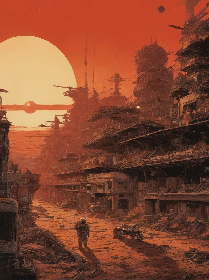 spaceships、Katsuhiro Otomo's painting style、Desolated star、Red burnt sky、Destroyed buildings