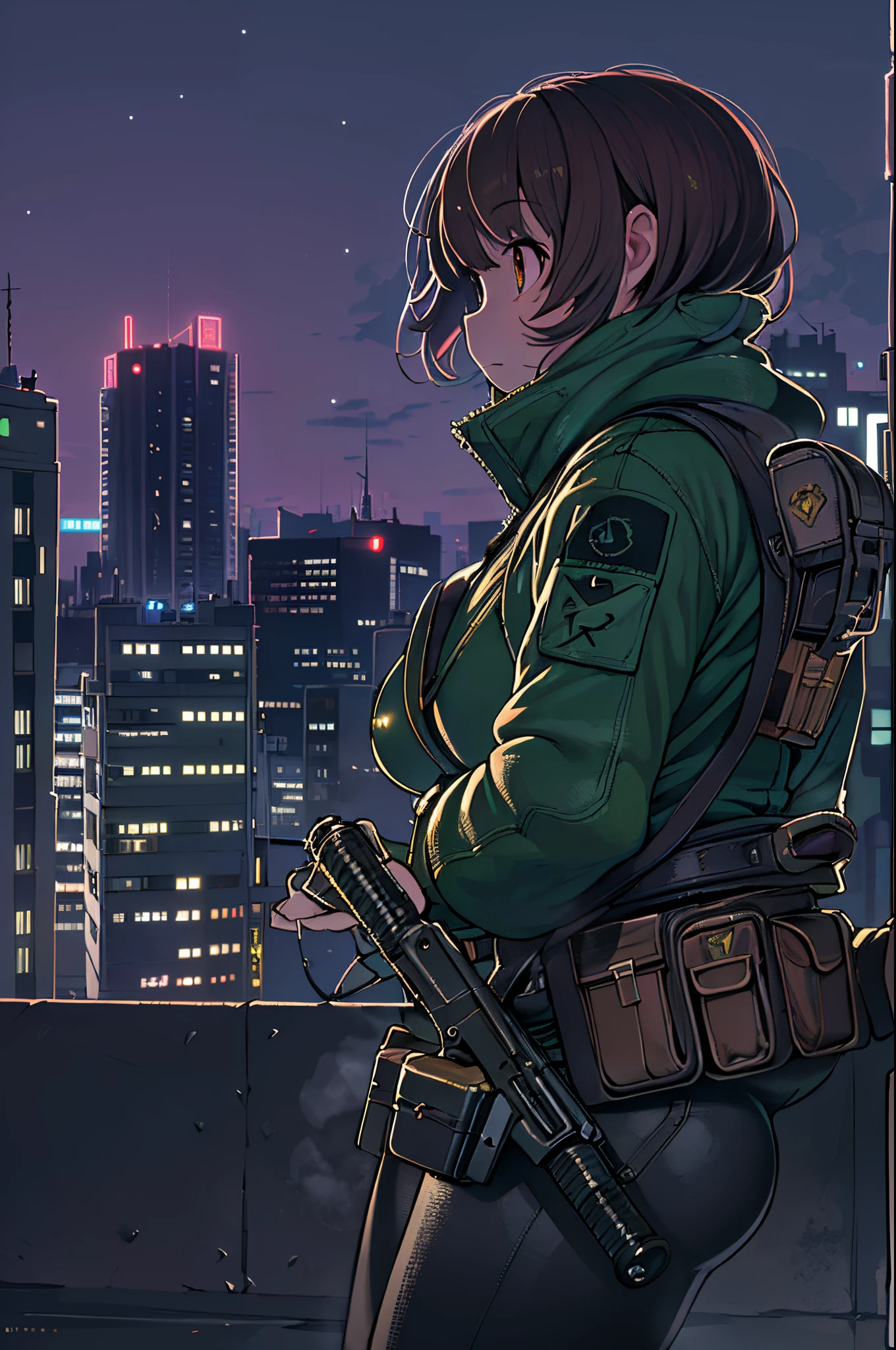 (Mastrepeace:1.2,Best Quality,ultra-detailliert,Powerful backlight:1.3,silhuette:1.45),, , //Character, 1 Solo Female Mercenary,Ghost in the Shell Motoko Kusanagi,One eye glowing red:1.2,Facial expression Murderous eyes,overlooking a city.Black Leather Tight Suit:1.2, Hand with a huge anti-tank rifle (Winchester Williams .50),Standing Pose,(Looking up angle:1.35), , //Backgraund, Building rooftop at night:1.2,,8K,unrealengine5.Unity.octanerender
