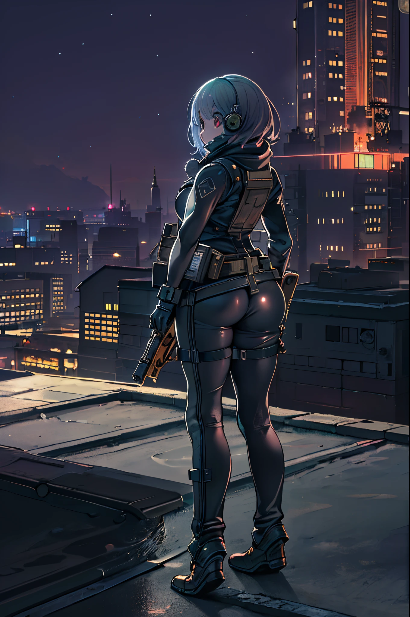 (Mastrepeace:1.2,Best Quality,ultra-detailliert,Powerful backlight:1.3,silhuette:1.45),, , //Character, 1 Solo Female Mercenary,Ghost in the Shell Motoko Kusanagi,One eye glowing red:1.2,Facial expression Murderous eyes,overlooking a city.Black Leather Tight Suit:1.2, Hand with a huge anti-tank rifle (Winchester Williams .50),Standing Pose,(Looking up angle:1.35), , //Backgraund, Building rooftop at night:1.2,,8K,unrealengine5.Unity.octanerender