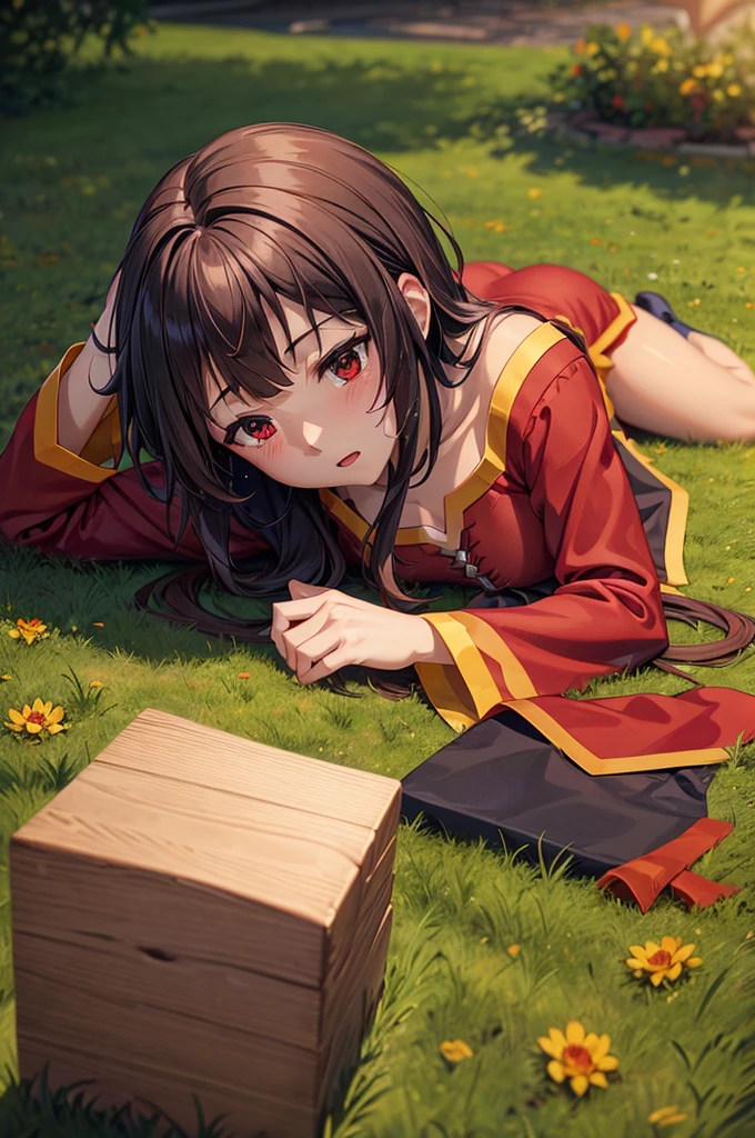 Perfect female shape, (1womanl), (Megumin), Full body shot, Composition looking up at the subject from below, hyper pretty face, Brown hair, Red eyes, Sleeping on the lawn, red robes, Blushing cheeks, Wet body, Glossy lips, lying on your back, Smooth light brown hair, asymmetrical bangs, Tanned skin, central image, High resolution, high detailing, detailed hairstyle, Detailed face, spectacular movie lighting, Octane Rendering, Vibrant, Hyper realistic, Perfect limbs, Perfect Anatomy，Hands behind the head,