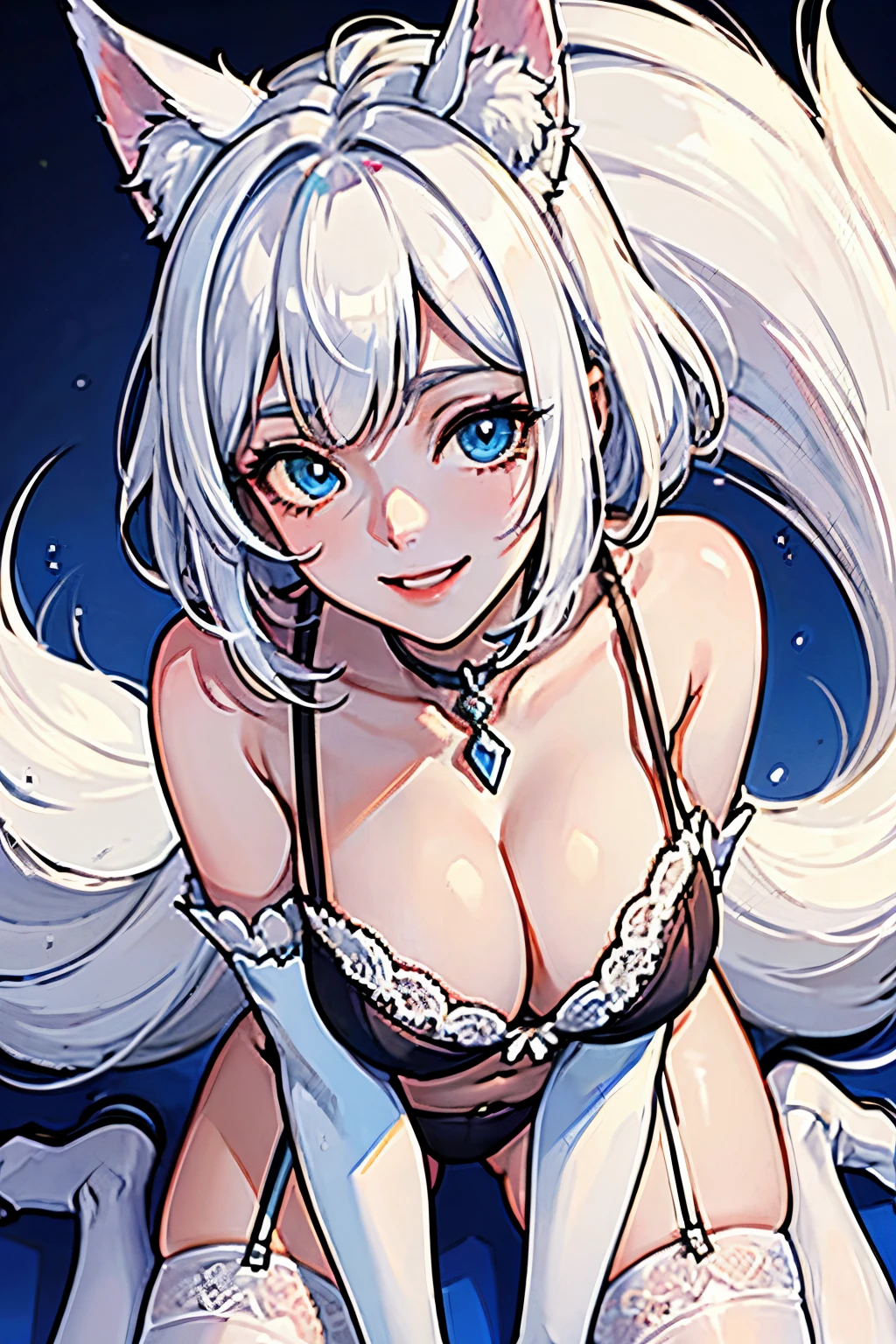 masutepiece　 The highest image quality　Super vivid　high-detail　One Young Woman（（Adults））　White Long Gloves（（blanche）（Long gloves））　white stockings（（blanche）（Stockings））　an lingerie　Wolf ears　shorth hair（（short-cut）（White hair）（Habitual hair）（fluffly））　A smile　Eye color is blue　all-fours