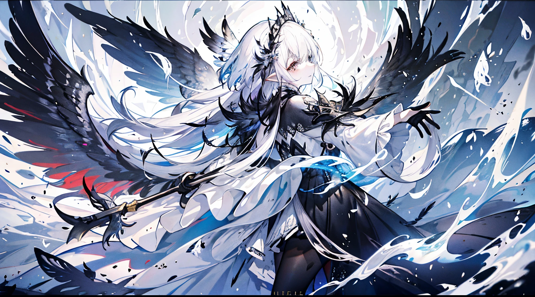 （（tmasterpiece：1.4，Best quality））+，（hyper-detailing）+，（Ultra-detailed eyes）+，（winged ears，pointy ears：1.5），
（cute girls），15year old，（White pupils：1.15），cabelos preto e longos，White ponytail，Bushy hair（wariza：1.2），pale-skinned，Seductive smile，crystal，white bird feathers，vacant eyes
（She wore a conservative black and white bird feather coat，red pattern，：1.5），（Black tights：1.4）The sleeves are long，White bird feather headdress，Ocean of white clouds and black smoke，Dream bubbles，crane ，black fingernails，sun crown，bamboo forrest，Red Lotus，leather clothes，Gray cloak，Black and white gloves
（bird feathers：1.1），
（dawn light：1.2），
（Thick black and white：1.16），（depth of fields：1.4），Complicated details，color mixing，Detailed route，Excellent,super detailing,The content is very detailed,(hight contrast:1.11),ventania,Amazing cleavage,beautidful eyes,messy  hair,(best illuminate，Extremely Delicately Beautiful), ((movie light lighting)), (seen from the side:1.3)，8K,tmasterpiece，Best quality，cinematic Film still from，1 plump girl，floating in sky，Intertwined clouds，cloud，（Close-up cleavage：1.1），bright，cheerful，Interesting，gentlesoftlighting，（bauhause，shape，line engineering，Abstract：1.1）offcial art， Unity 8k壁纸， ultra - detailed， Beautiful and beautiful， tmasterpiece， Best quality， （dynamic angle：1.4），romantic depth of field exotic_dances，Perfect NwsjMajic，（tmasterpiece，top-quality，Best quality，offcial art，Beauty and aesthetics：1.2），The content is very detailed，rich colourful，highest details，