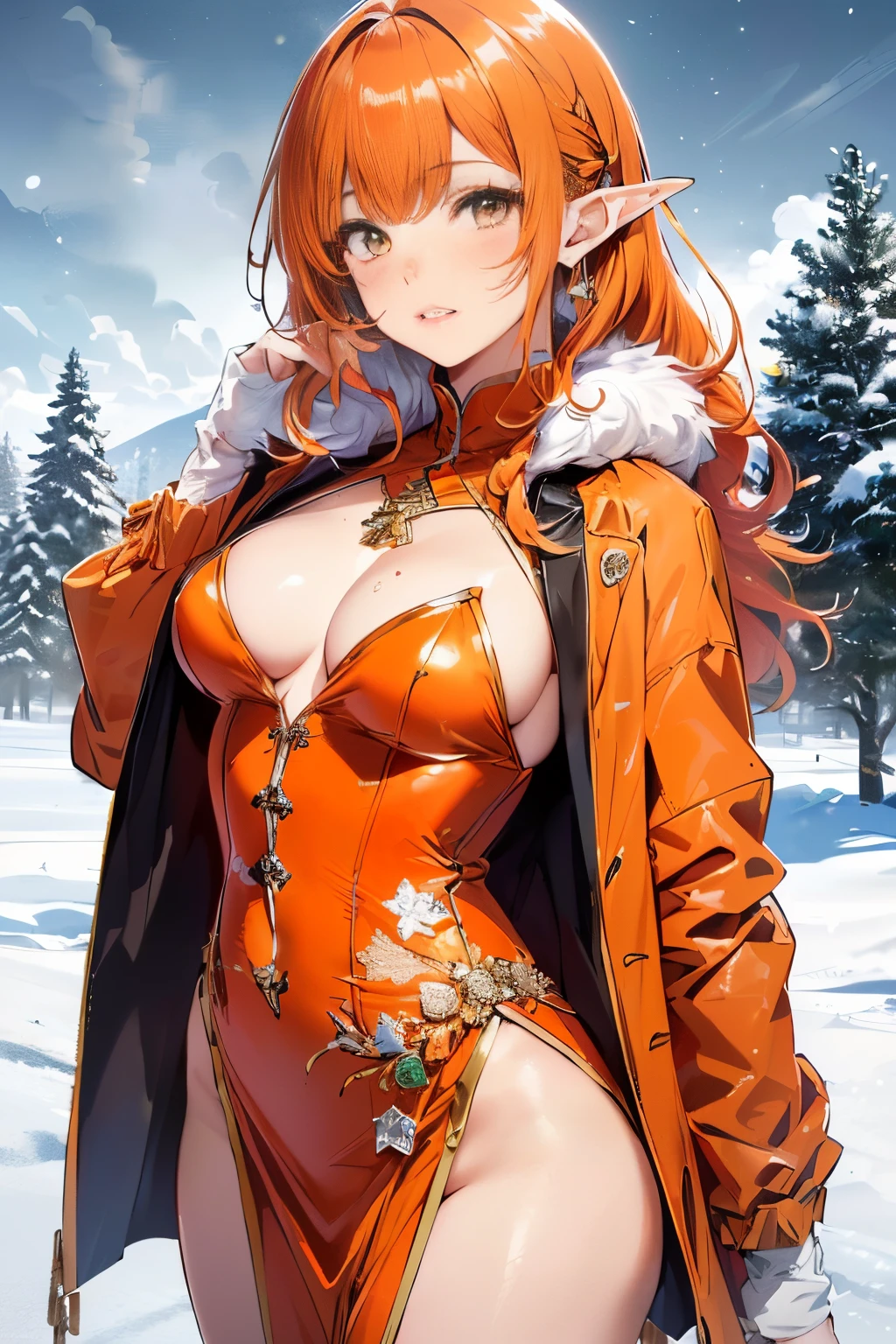 Cute Lori Elf,(((Little Lori,Tiny little body,Little))),((())),((Anime Elle Flori with very cute and beautiful orange hair)), (((elf))), (((elf-ears))),
(((flat chest))),((((Orange hair:1.35,Messy orange hair,Long hair,giant blade,Colored inner hair,Ear breathing)))),(((orange_Eyes:1.3))),intricate eyes,Beautiful detailed eyes,Symmetrical eyes,Big eyes:1.5,(((Lustrous skin:1.5,bright skin: 1.5,skin tanned,Shiny skin,Very shiny skin,Shiny body,plastic glitter skin,exaggerated shiny skin,Illuminated skin))),(Detailed body,(Detailed face)),
Cute,sluttish,Erotic,boldness,(((NSFW))),
zettai ryouiki,Revealing clothing,Show skin,(((sexy orange coat, orange coat costume, wearing an orange coat:1.3,orange winter coat))), ((Orange mini skirt,orange miniskirt with furry edges,Visible lace strap)),((Pants straps)),(White Gloves,Orange clothes,seminude,wearing a little orange dress,((((Furry edge clothing)))),(((complex costume,intricate clothing,Embroidered costumes,Glamorous costumes))),
(Dynamic Pose:1.0),embarrassed,(Centered,scale to fit the dimensions,thirds rule),
((Snowy pine forest at night)),In the clouds of a dark storm,Winters,Scenery:1.25,((snow forest background)),Christmas tree,
hight resolution,Sharp Focus,(ultra-detailliert,Extremely detailed),(Photorealistic artwork:1.37),(the Extremely Detailed CG Unity 8K Wallpapers),(((Vibrant colors,Vibrant themes))),(Convoluted),(masutepiece),(Best Quality),
