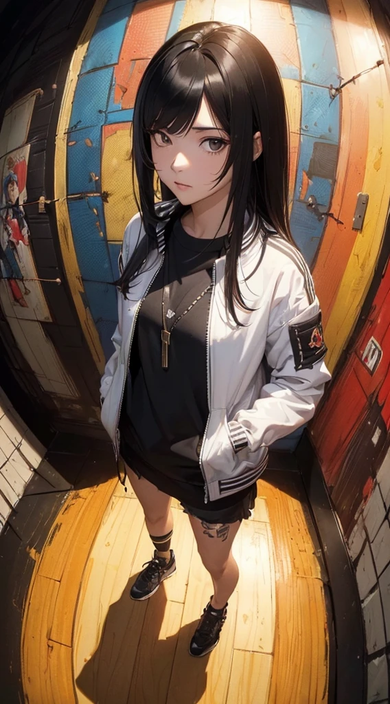 (((8k wallpaper of extremely detailed CG unit:1.2, ​masterpiece, hight resolution:1.2, top-quality:1.2, masutepiece))), ((a very beautiful woman, Hands in pockets:1.8, Grunge Fashion, Wearing a blouson, Wearing shoes)), ((extra detailed face, Highly detailed black eyes, extra detailed body, Top quality real texture skins)), (A dark-haired, length hair, de pele branca, Small:1.2), ((surrounded by colorful walls)), (high-angle:1.2, Fisheye:1.3), hyper realisitic, digitial painting,