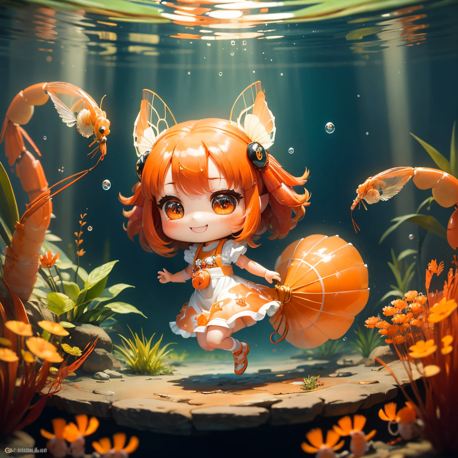 masterpiece、top-quality、ultra-detailliert、(Chibi character shrimp girl:1.2)、orange shrimp、shrimp swimming、inside a glass aquarium、a smile、full bodyesbian、hair swaying on the water surface