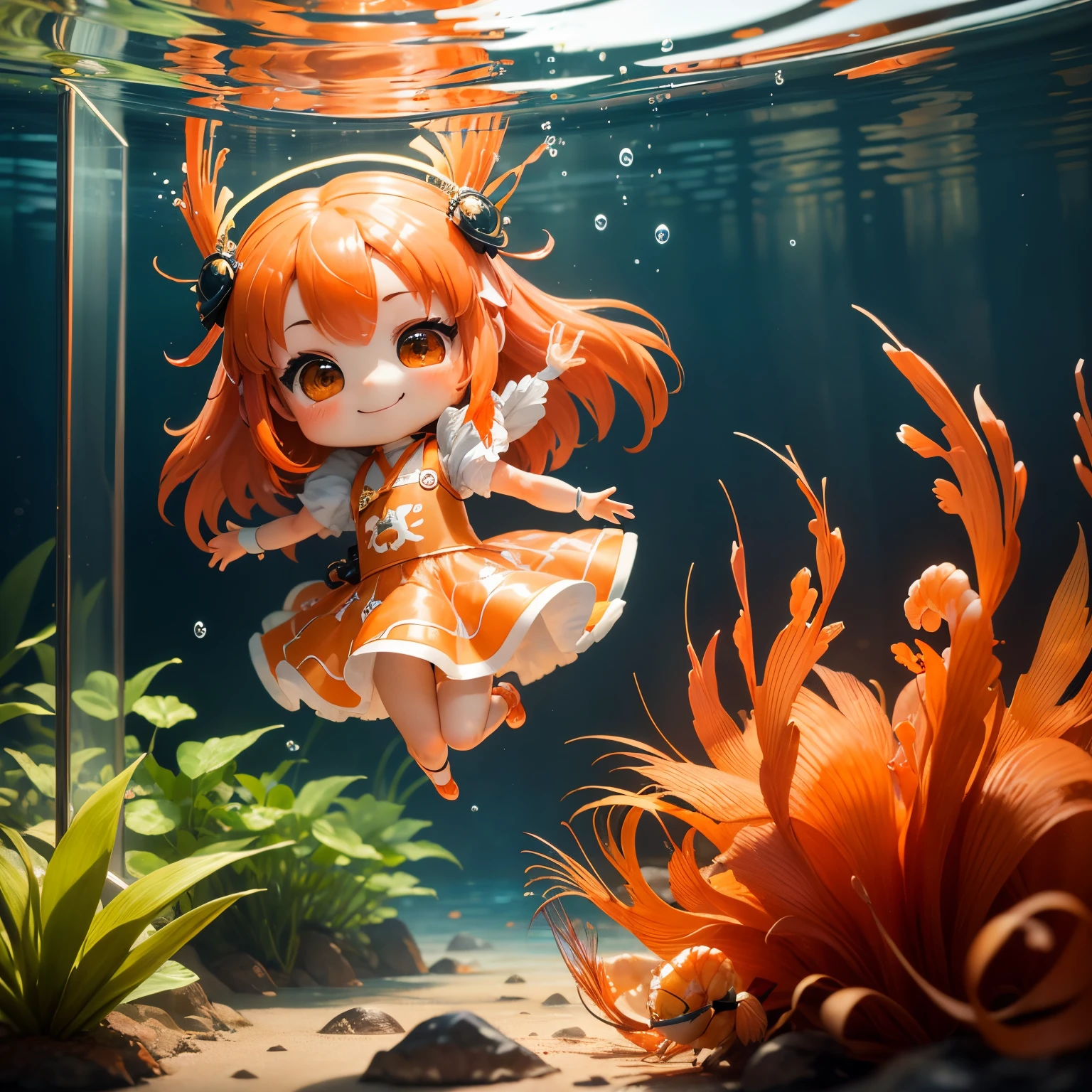 masterpiece、top-quality、ultra-detailliert、(chibi character shrimp girl:1.2)、10 orange shrimp、10 shrimp swimming、inside the glass tank、A smile、full body Esbian、hair swaying on the water surface