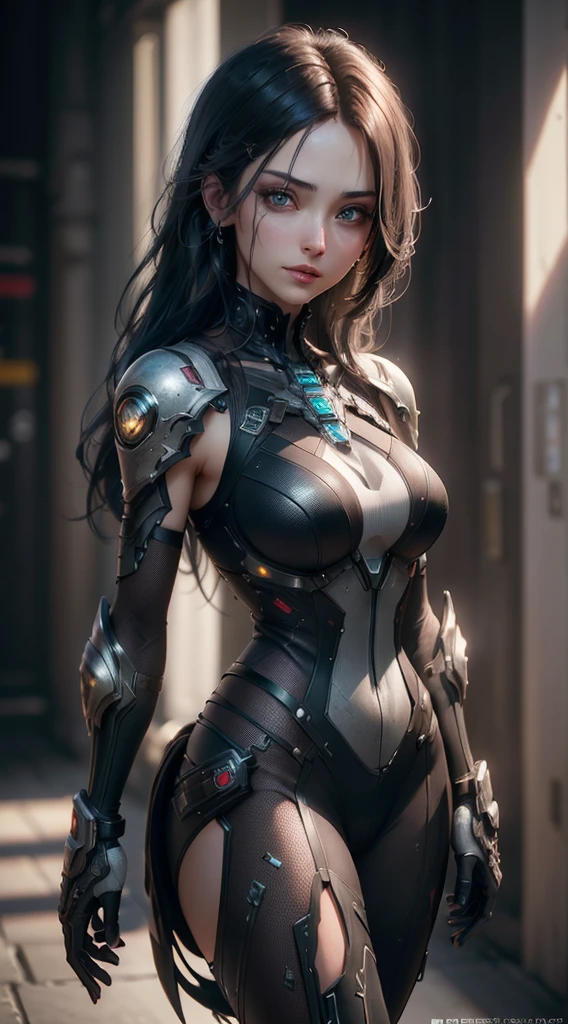 Of the highest quality, masterpiece, detail: 1.4, transparent woman with mechanical parts and transparent skin, aurora material, carbon gray material, beautiful woman in cybernetic suit, pale brightness with LEDs, open chest, skin on hips and thighs, old school printing effect, NVIDIA RTX, super resolution, textured dispersion of PBR subsurface, post-processing, anisotropy filtering, field depth, surface shading, accurate light simulation/material interaction, perfect proportions, two-color illumination, wide aperture, low ISO, white balance, 8k, NSFW, tall woman, 25 year old woman, cyber helmet with dull and bright LEDs, Open pose, cowgirl stance, skin on hips and thighs, beautiful body, visible navel on bare skin, breast for gravity, (enormous breasts: 1.3), simple and minimalistic space, natural sexy poses, looking down, opaque bangs, (iridescent beautiful hair), (aurora hair interior).