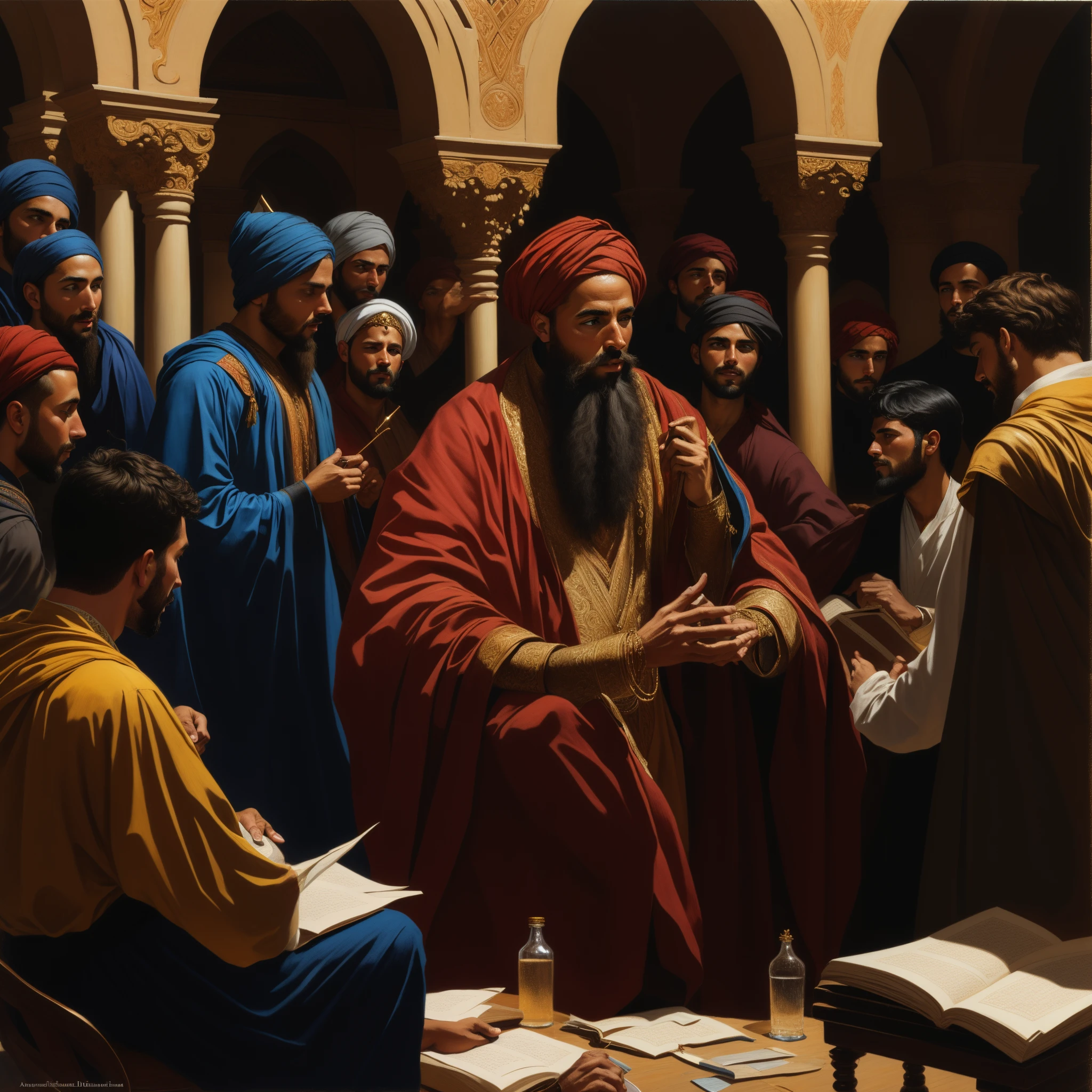 image arafée d'a man assists in a piece with a group of'hommes, alexey egorov, par Alexander Kucharsky, par Artur Tarnowski, par Ahmed Karahisari, sergey zabelin, couple kamāl ud-dīn behzād, academic painting, par Johfra Bosschart