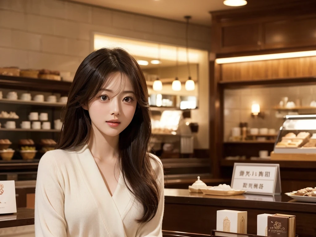 Satomi Ishihara'drama of「broken heart chocolatier」She seems to have a lot of charm、Creating an elegant and attractive female image。her distinctive elements、For example, Brightness of the eyes、Mystical smile、While capturing the flow of hair etc....、Generate images with natural and realistic expressions。pure、To get the most out of her charm、The background and environment should be quiet and elegant.。.。It is important that this image reflects Satomi Ishihara'Drama roles and atmosphere.。her hair is lightly curled、There are bangs.。The background is the inside of a chocolate cafe....、one girls、Round eyes、She looks happy when she sees this、Wearing a white fluffy round neck knit