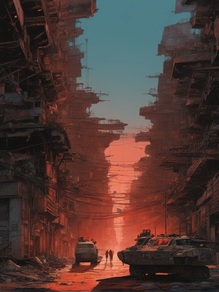 spaceships、Katsuhiro Otomo's painting style、Desolated star、Red burnt sky、Destroyed buildings