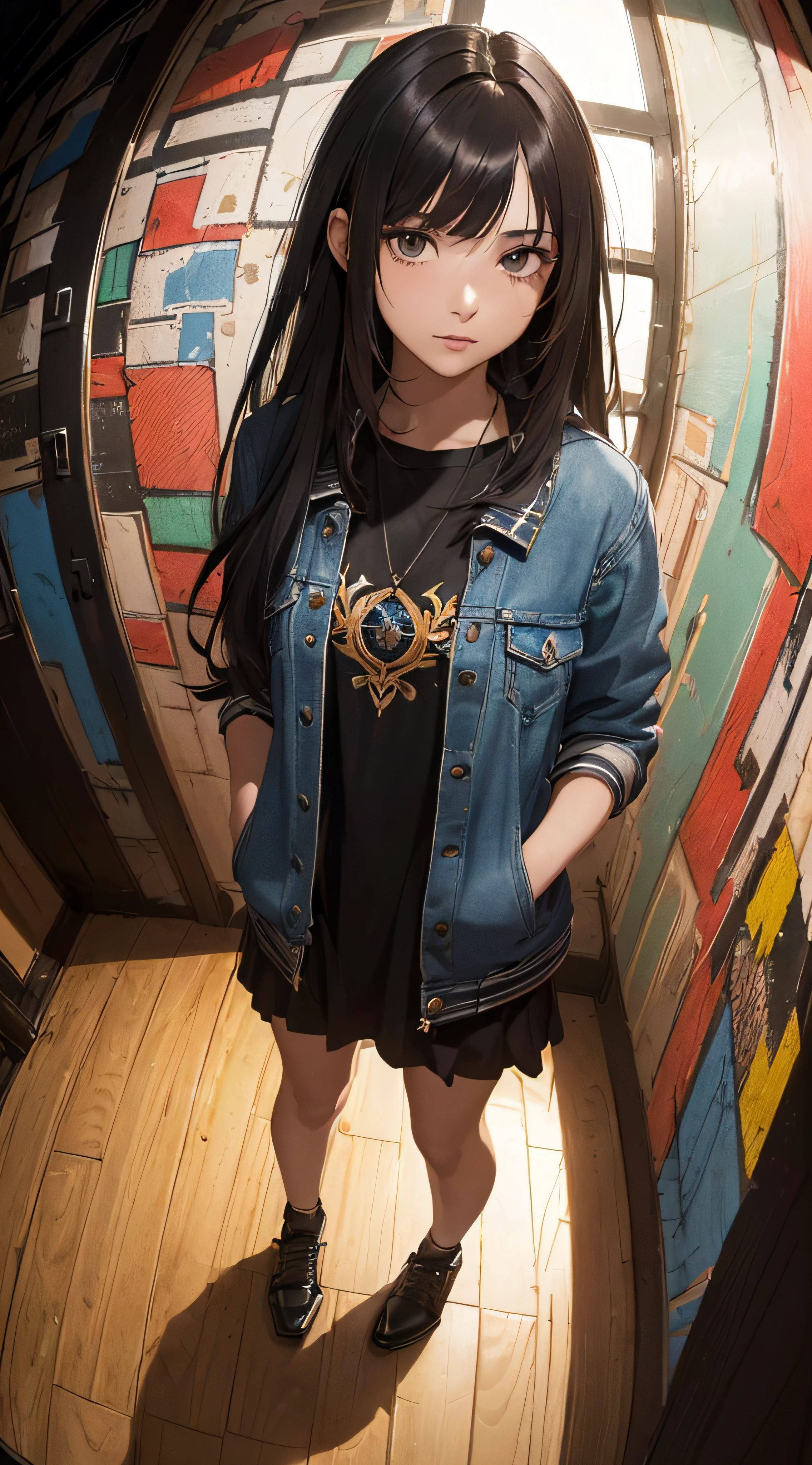 (((8k wallpaper of extremely detailed CG unit:1.2, ​masterpiece, hight resolution:1.2, top-quality:1.2, masutepiece))), ((a very beautiful woman, Hands in pockets:1.8, Grunge Fashion, Wearing a blouson, Wearing shoes)), ((extra detailed face, Highly detailed black eyes, extra detailed body, Top quality real texture skins)), (A dark-haired, length hair, de pele branca, Small:1.2), ((surrounded by colorful walls)), (high-angle:1.2, Fisheye:1.3), hyper realisitic, digitial painting,