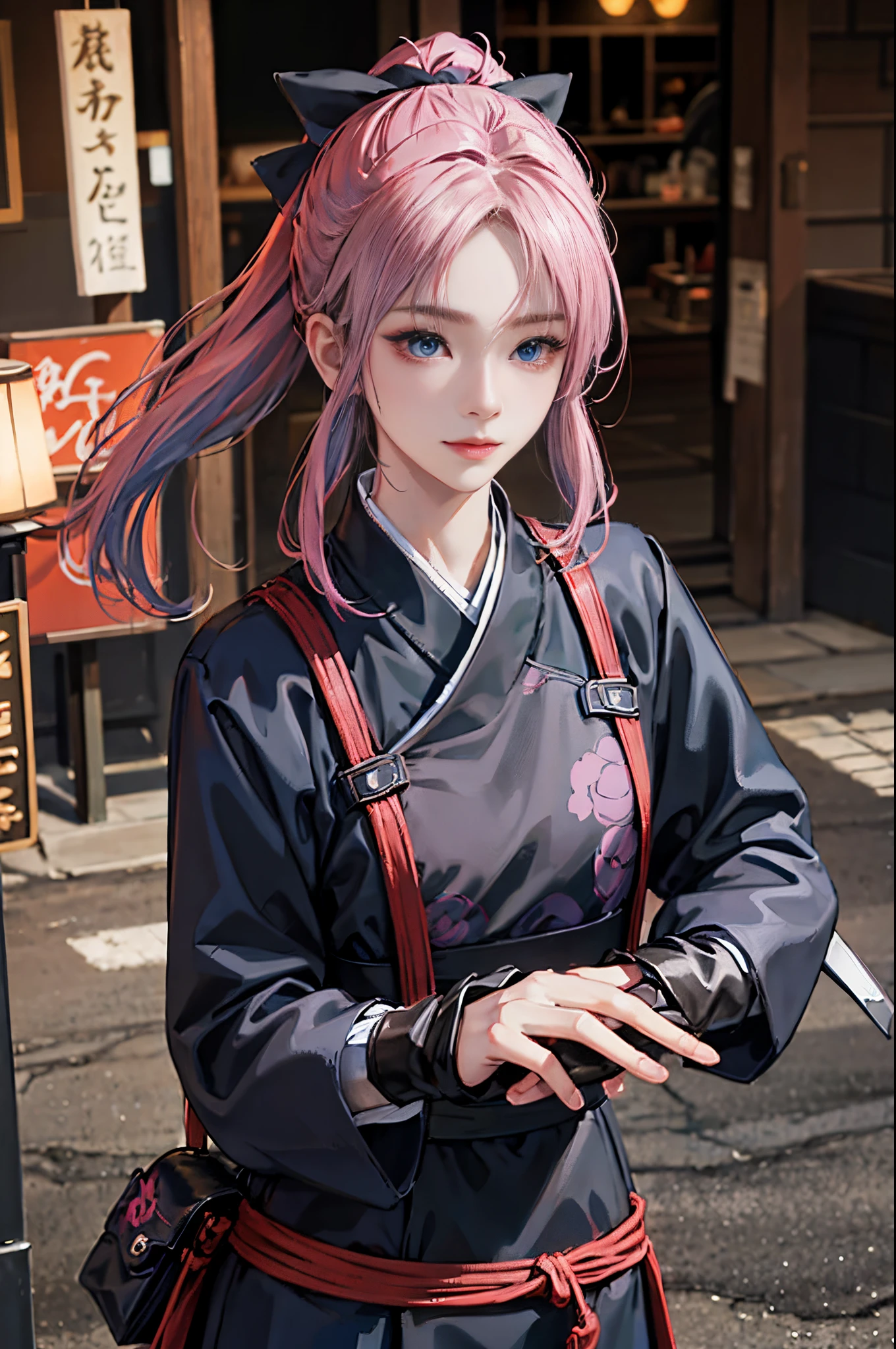 Anime girl with pink hair and blue eyes standing on the street - SeaArt AI