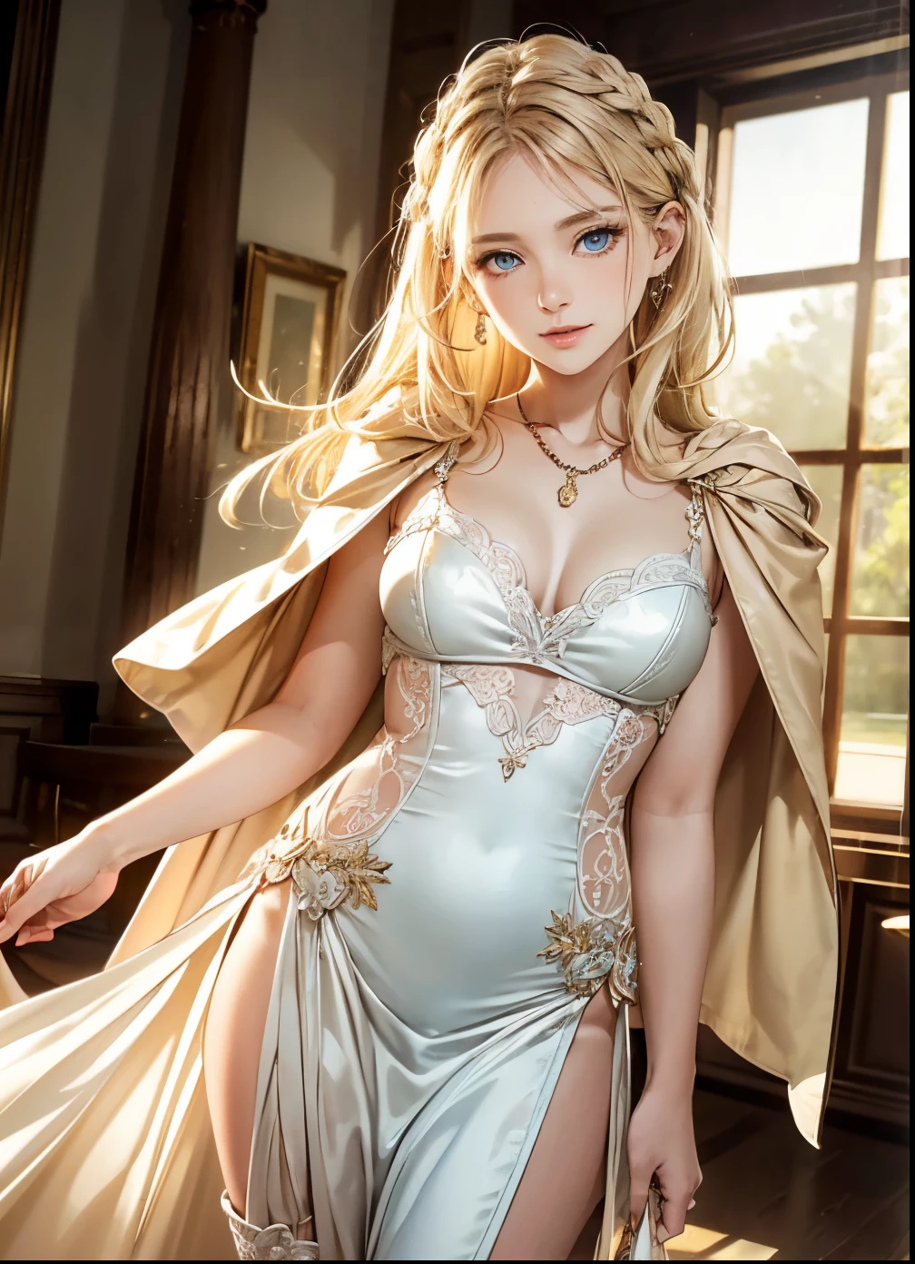 (masterpiece),(top-quality:1.2),1girl in,(masuter piece:1.3),exquisitedetails, Highest quality 8K resolution, Ultra-detailed, Realistic, Vibrant colors, Soft tones, With warm and gentle lighting,(Smooth straight blonde hair:1.2),(Hair parted in the middle:1.3),(Glowing hair),(Dark blue eyes:1.3),White skin, hair clips,Small necklace,A gentle feeling overflows,The sun's rays illuminate joy and pure love, Warm golden glow,The atmosphere is full of happiness and laughter, As if celebrating love,Ultra-detailed depiction and vivid colors,A style that combines romanticism and realism,depth of love,color palettes,Create an ethereal atmosphere like a dream,Lighting is soft and diffused,masterpiece artwork, A woman standing in a beige dress and black boots, Beige, eora, ivory, soft silk dress, with cape, beige colors, ( ivory black ), asa, pastel, sandy beige, Olivia, Simple dress, elegent, taupe, multilayered outfit