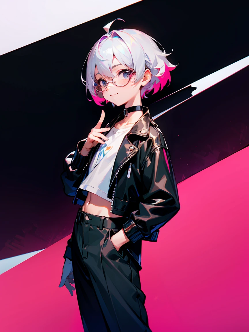 (Male child, eye glasses,A smile, silber hair)、独奏、jaket、Black jacket、Iridescent background、a choker、razor、Leather jacket、O cabelo multicolorido、cowboy shot、Color Inner Hair、bangss、White shirt、Fluffy clothes、Two-tone、Viewer's Perspective、is standing、a closed mouth、A pink-haired、Hand up、croptop、sideways Facing