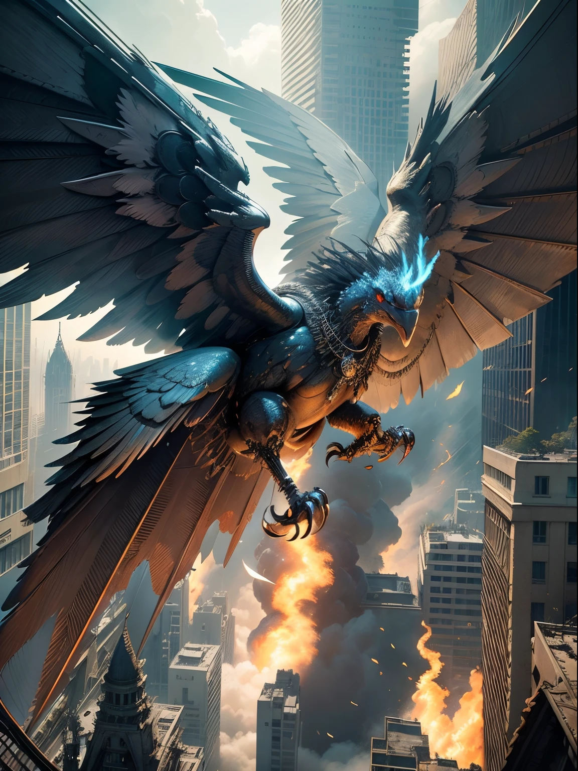 detailed face, super low angle, (flying seraph), (long and wide 12 wings), thick sword on fire, ruins in the city, skyscraper, impact, high speed, flame, necklace on fire, (battle field), 3 fighter jet,