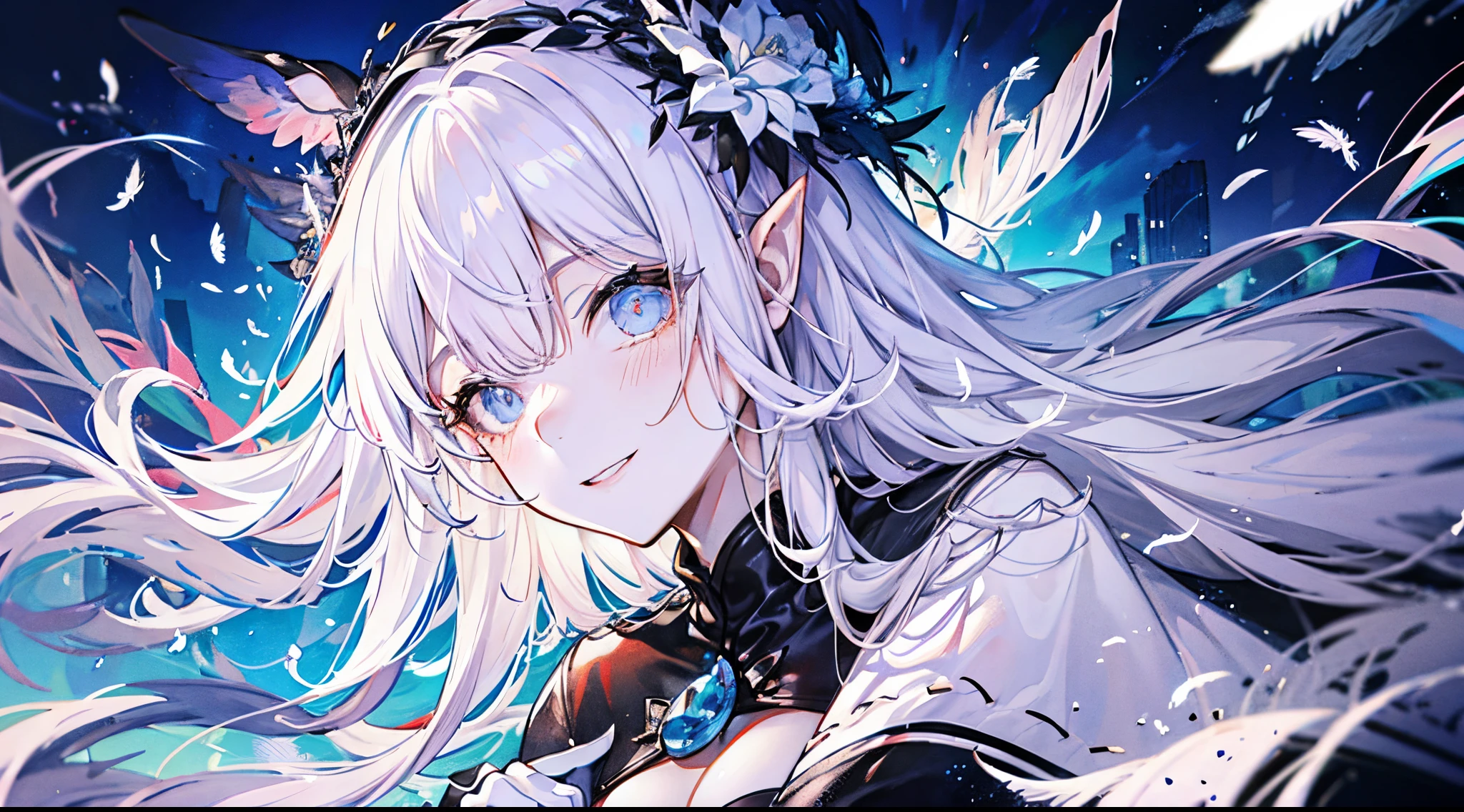 ((tmasterpiece:1.4,Best quality at best))+,(hyper-detailing)+,(Ultra-detailed eyes)+,(winged ears,pointy ears:1.5),
(cute girls),15year old,(White pupils:1.15),cabelos preto e longos,White ponytail,Bushy hair(wariza:1.2),pale-skinned,seduct smile,crystal,white bird feathers,Empty eyes
(She wore a conservative black and white bird feather coat,red pattern,:1.5),(black colored leggings:1.4)The sleeves are long,White bird feather headdress,White clouds and black smoke ocean,Dream bubbles,Crane ,black fingernails,blood stain,leather clothes,gray cloak,black and white gloves,black long boots
(bird feathers:1.1),
(dawn light:1.2),
(Thick black and white:1.16),(depth of fields:1.4),Complicated details,color mixing,Detailed route,Excellent,super detailing,The content is very detailed,(hight contrast:1.11),ventania,Amazing cleavage,beautidful eyes,messy hair,(best illuminate,Extremely Delicately Beautiful), ((movie light lighting)), (seen from the side:1.3),8K,tmasterpiece,Best quality at best,cinematic Film still from,1 plump girl,floating in sky,Intertwined clouds,clouds,(Close-up cleavage:1.1),bright,cheerfulness,Interesting,gentlesoftlighting,(bauhause,shape,line engineering,Abstract:1.1)offcial art, Unity 8k壁纸, ultra - detailed, Beautiful and beautiful, tmasterpiece, Best quality at best, (dynamic angle:1.4),romantic depth of field exotic_dance,PerfectNwsjMajic,(tmasterpiece,top-quality,Best quality at best,offcial art,Beauty and aesthetics:1.2),The content is very detailed,rich colourful,highest details,