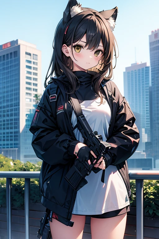 One wears JK,Girl with cat ears holds a Glock pistol with a silencer,Surrounded by high-rise buildings and huge crowds of people。