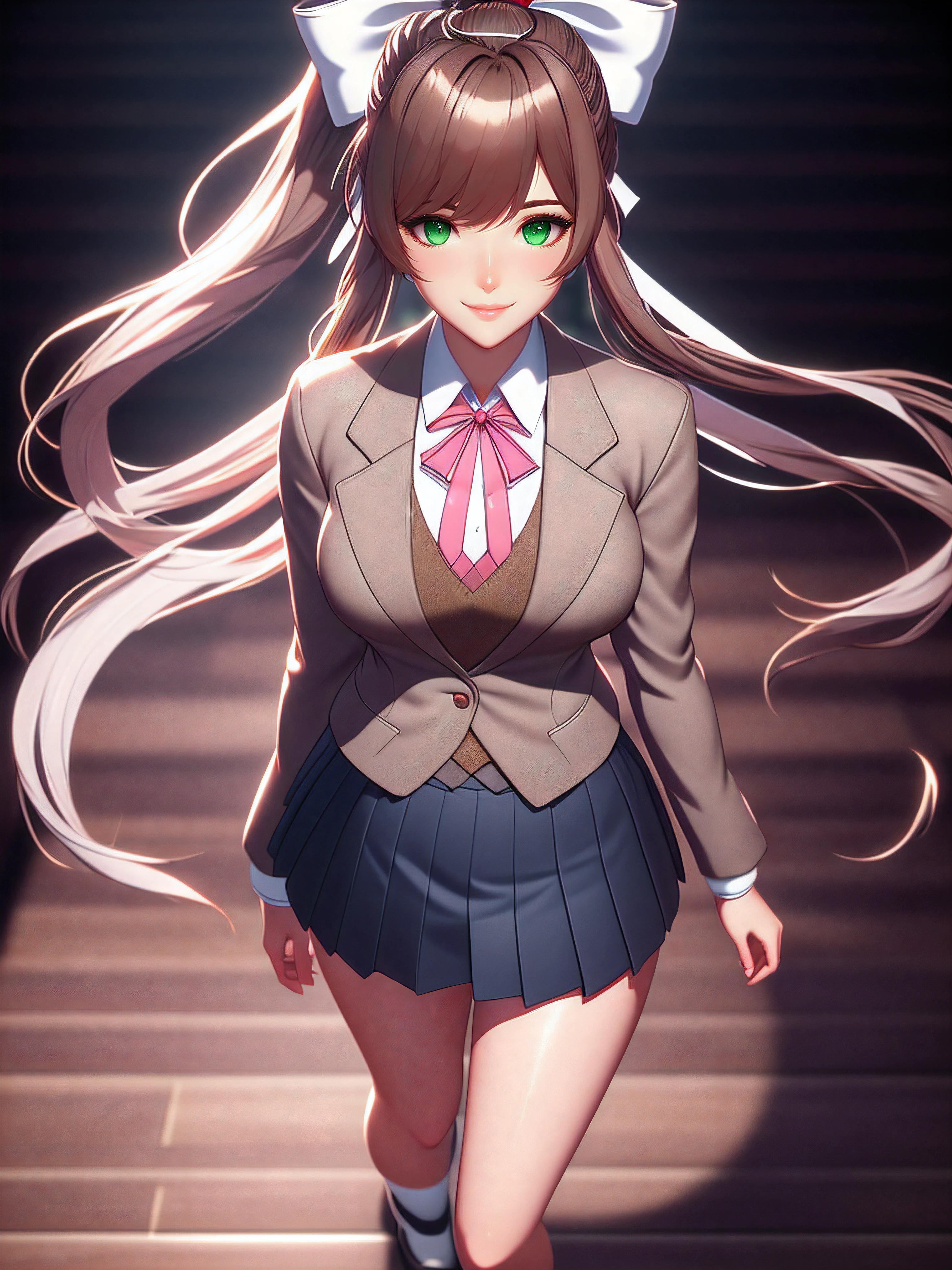 (solo:1.3) Monika, young, light brown hair, high ponytail, large white bow, prominent strands of hair, neatly cut fringe, (warm gray blazer, brown wool vest, immaculate white shirt, red ribbon on the collar, dark blue pleated skirt, black socks up to the thigh, white uwabaki slippers with pink tips). Maximum sharpness, UHD, 16K, anime style, best possible quality, ultra detailed, best possible resolution, ((full body image)), Unreal Engine 5, more detail.