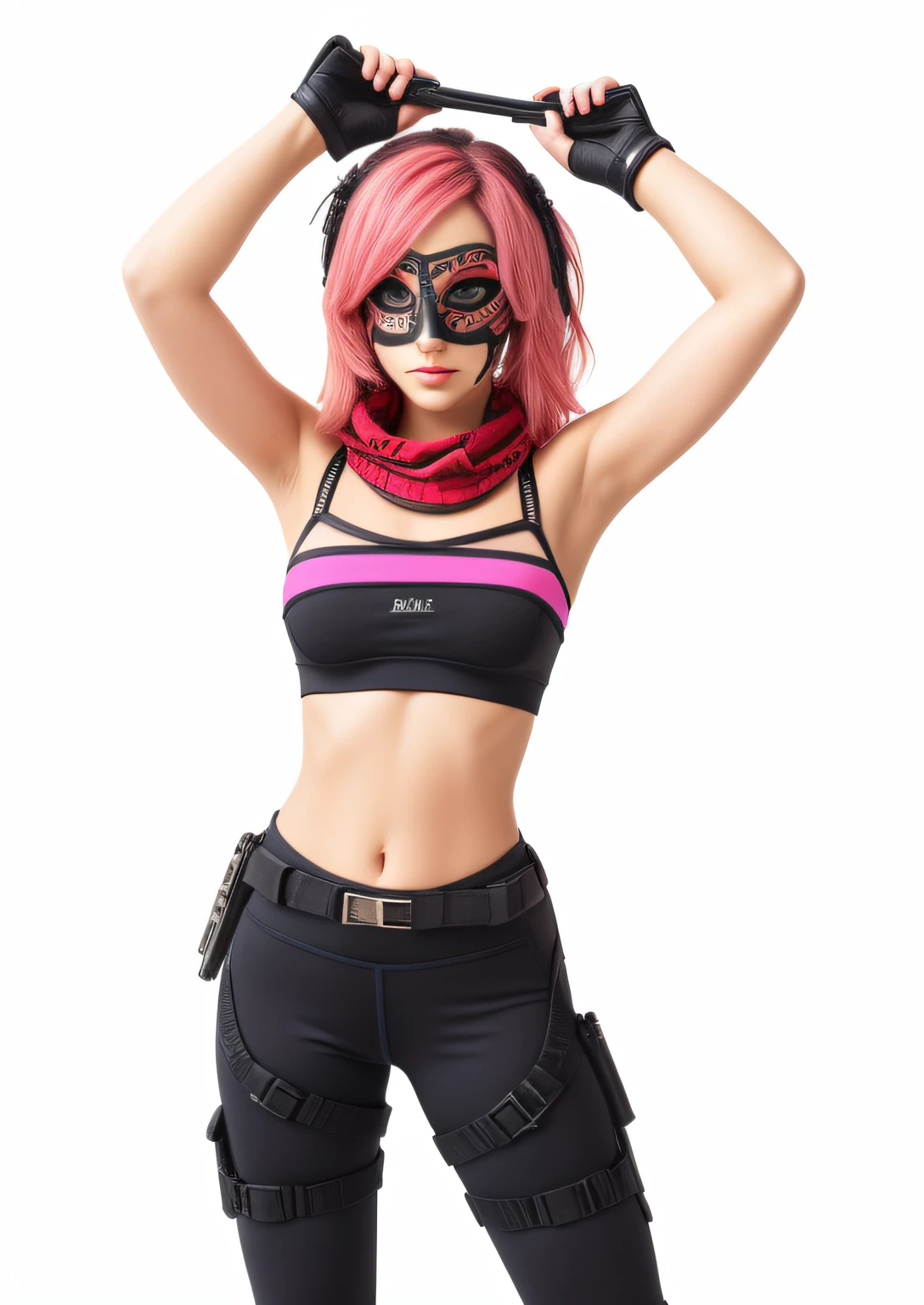 masterpiece, best quality, 1girl, solo, ((mature female)), round pupils, long hair, hair, princess, black dress, fantasy, happy, looking at viewer, mask, black sports bra, black legging pants, tactical belt with pistol holster, pink hair, yellow eyes, red scarf,