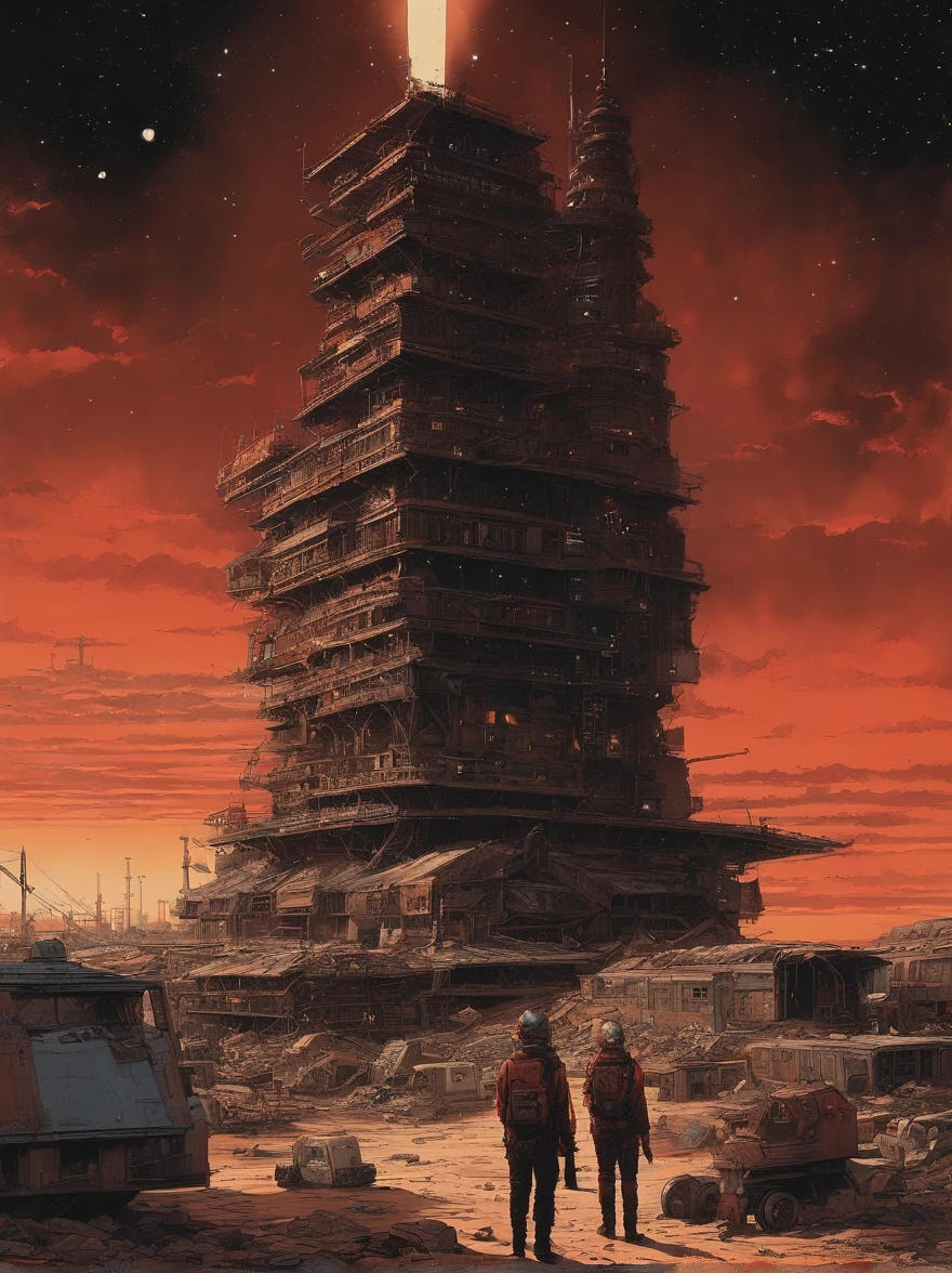 spaceships、Katsuhiro Otomo's painting style、Desolated star、Red burnt sky、Destroyed buildings