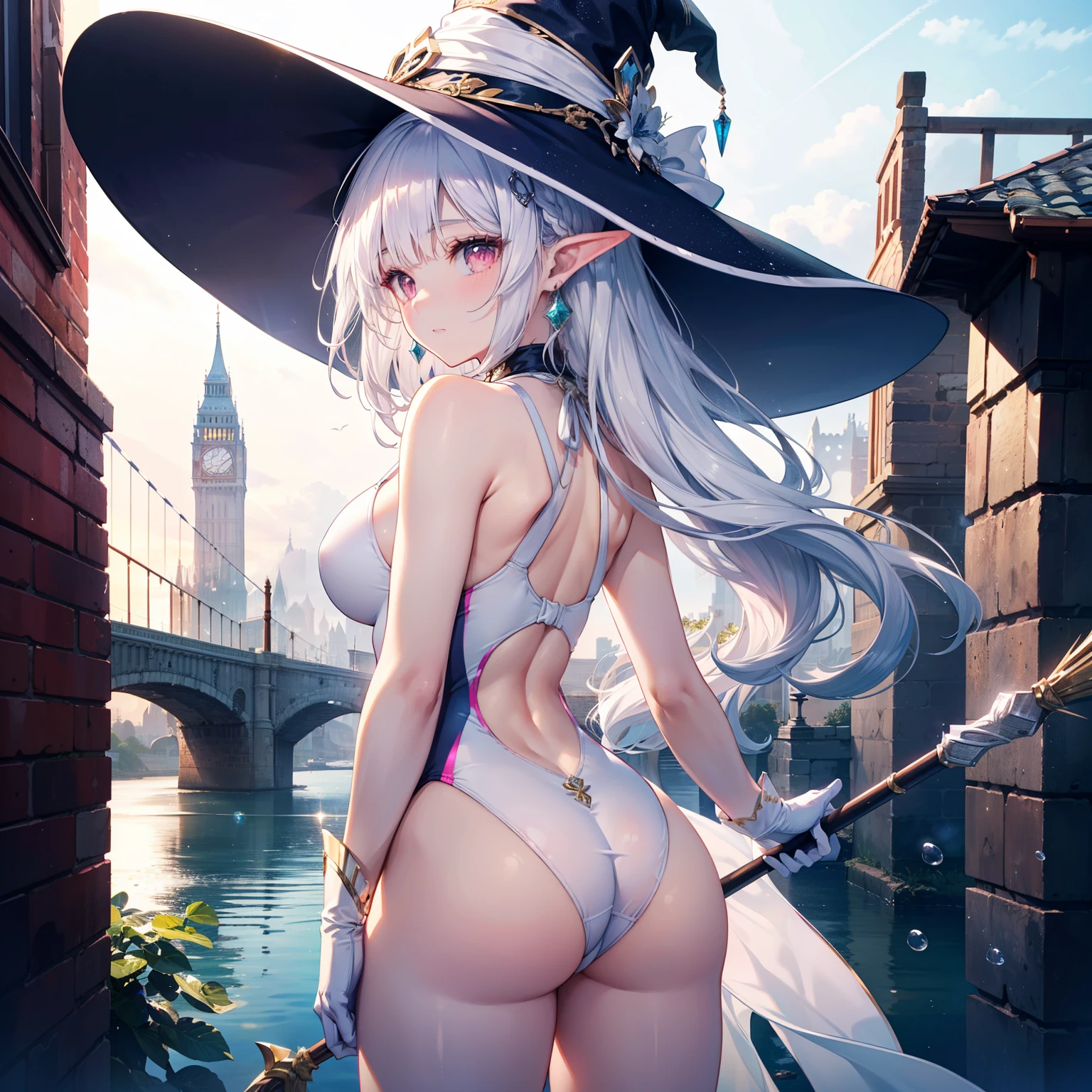 (Best quality at best,4K,8K,A high resolution,tmasterpiece:1.2), ultra - detailed, (actual,realistically,realistically:1.37), Cute big breasts, fgo Miss Avalon, Elf Girl, Three no girls，He has his back to the camera，He has his back to the camera，posterior view，Bubble buttocks，ass focus，hip is cocked，a pink eyes，Long ears, White hair, White skin of the, Willow waist，slicked back,There is a gap between the buttocks，The background is a fantasy city, Pink and white plug set,white  clothes, White gorgeous one-piece swimsuit，White boots, short-length straighthair, Cute makeup, Green-eyed, face expressionless， Silver-haired girl, beuaty girl, Moderate chest size, The content is very detailed, actual, Fantasyart, Silver high-cut one-piece swimsuit armor, pink and white gloves，rays of moonlight, Neck and head silver jewelry, White and pink witch hat, Witch Staff