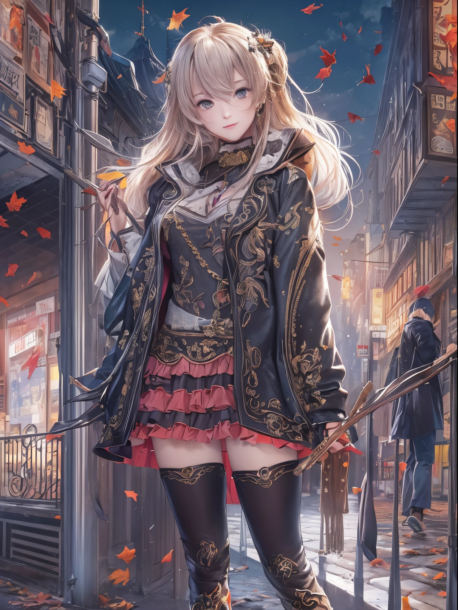 ((Finest quality)),(超A high resolution),(ultra-detailliert),(Meticulous portrayal),((Best Anime)),(Finest works of art),Ultra-Precision Art,The art of astounding depiction,Overwhelming descriptive art:1.5, (1人の女性:1.5),piercings,a necklace,long boots,coat, Standing on a street corner:1.6,Tree Dead,leaves falling,Colored leaves