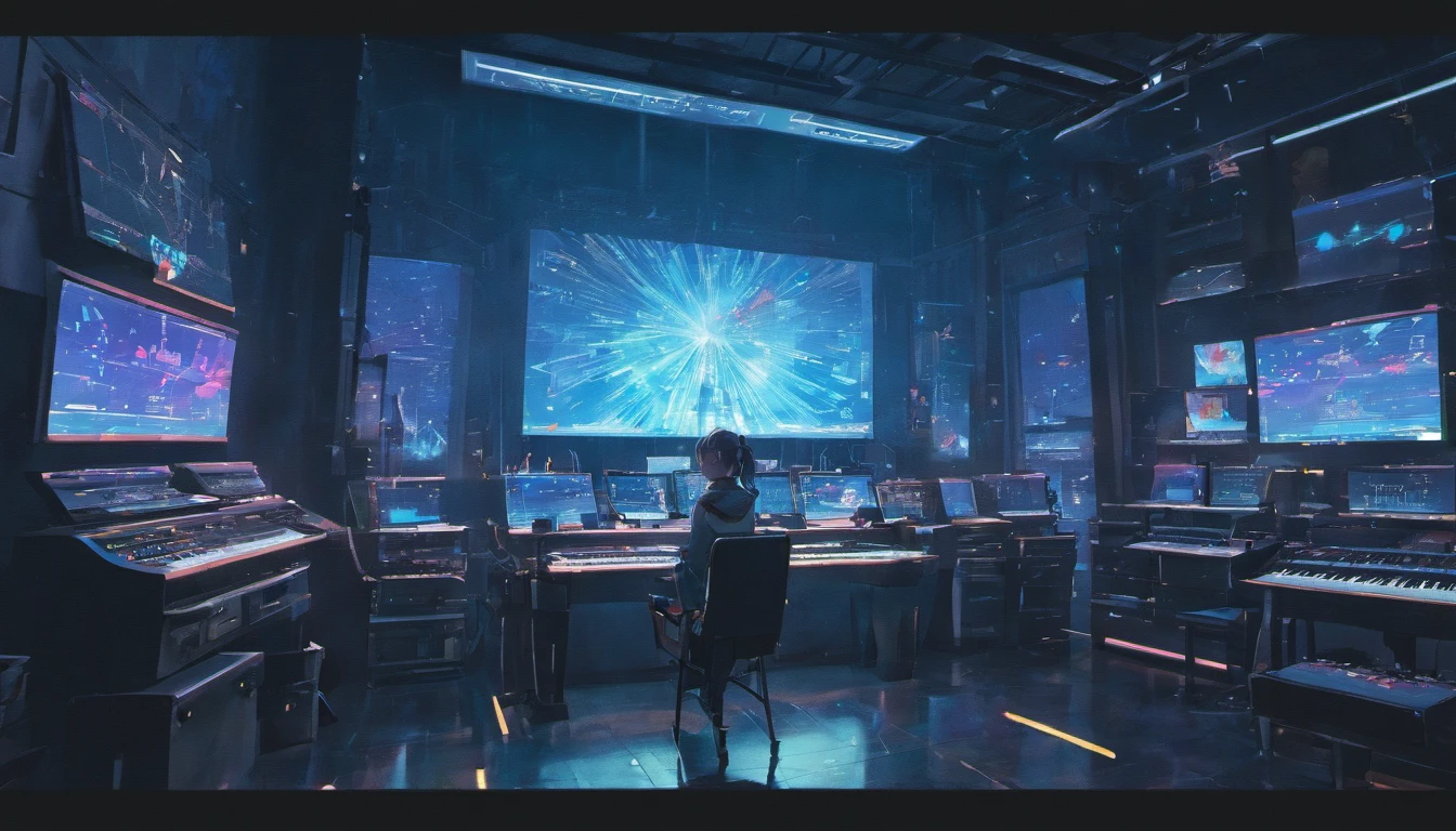music studio room,dark chamber, the night, Computer, keyboards, Earphone, Monitor the speaker, pianos, Small lights, Background with, sofe,, Sateen, nigh sky, nightcity, hoang lap, A high resolution, Super sharp, 8K, tmasterpiece