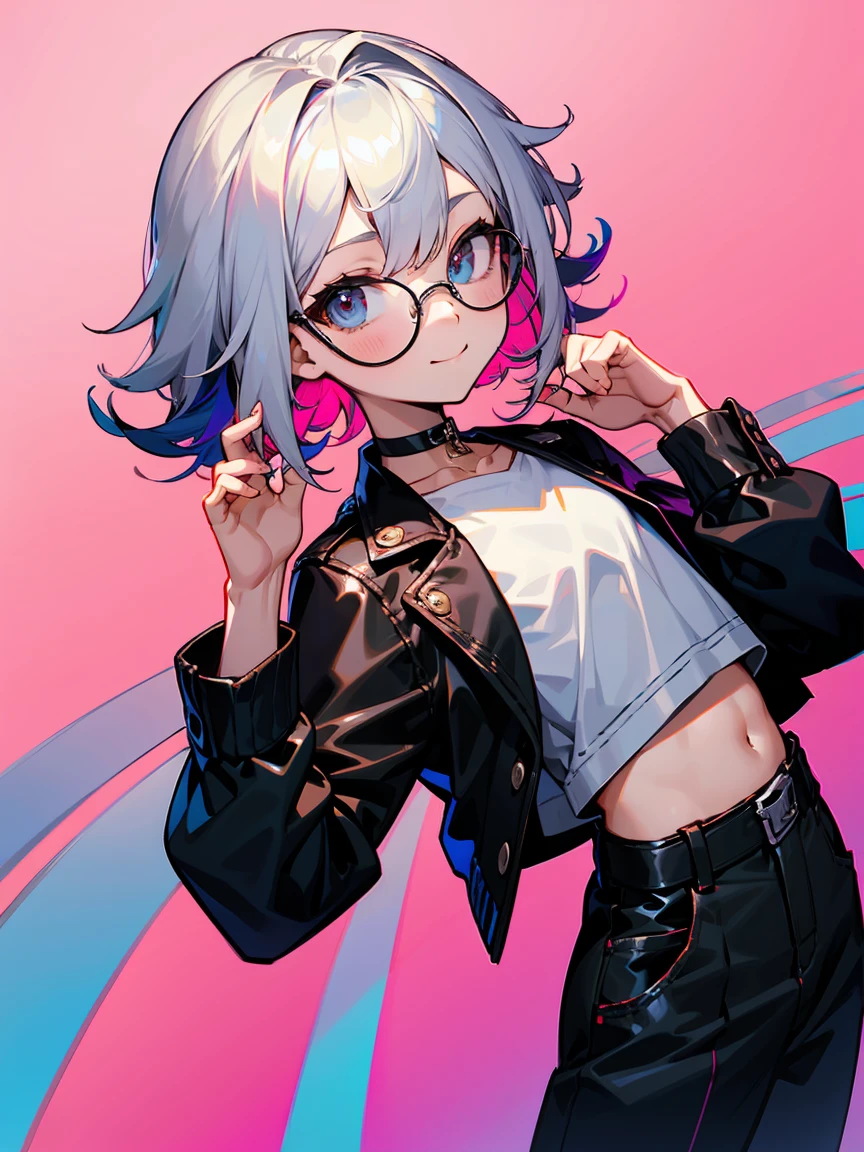 (Male child, eye glasses,A smile, silber hair)、独奏、jaket、Black jacket、Iridescent background、a choker、razor、Leather jacket、O cabelo multicolorido、cowboy  shot、Color Inner Hair、bangss、White shirt、Fluffy clothes、Two-tone、Viewer's Perspective、is standing、a closed mouth、A pink-haired、Hand up、croptop、sideways Facing