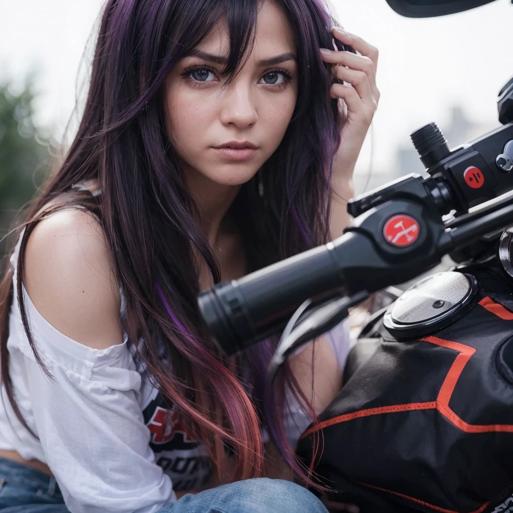 (best quality,Realistic:1.2),ultra-detalhado, com cabelo roxo,camisa roxa,vivid colors,fotorrealista,cabelo preto com pontas roxas,fierce expression,Olhos azuis claros