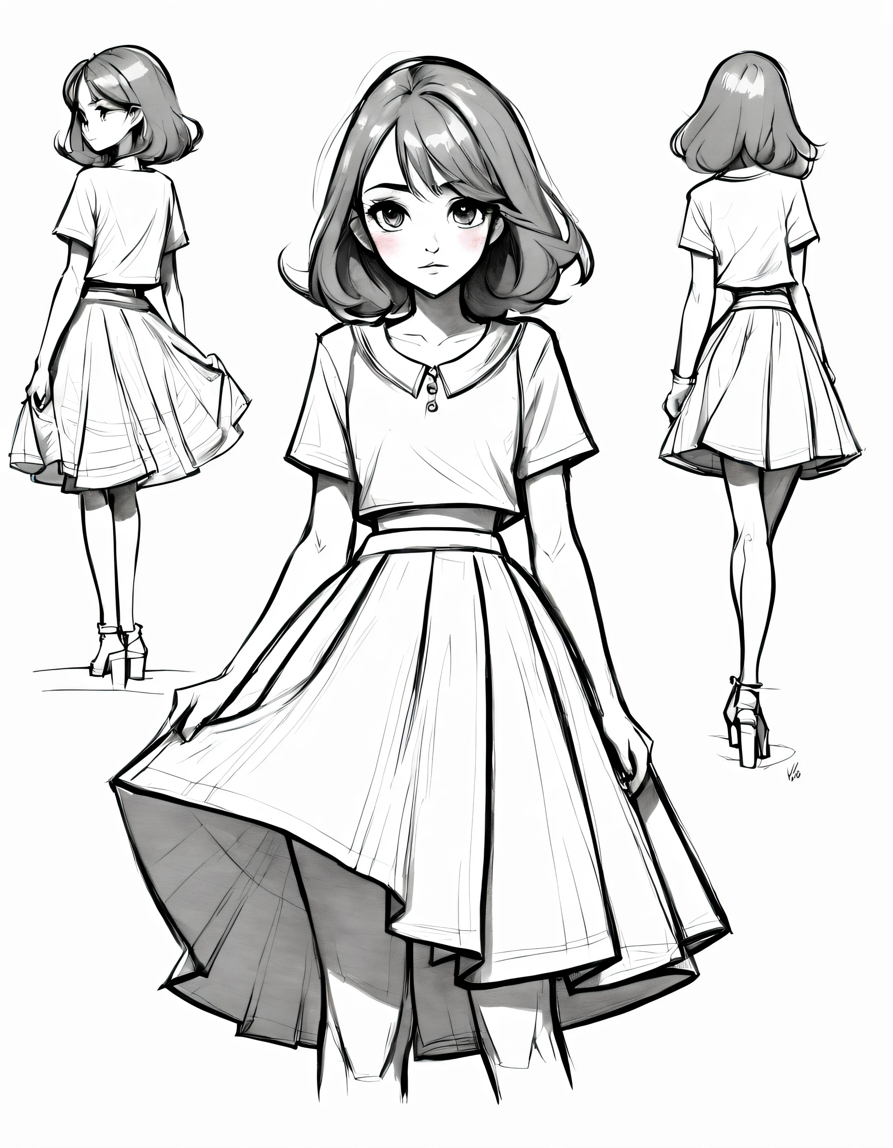 character concept design, line art，clothing design sketch，a skirt，High quality illustrationtiz，meticuloso，pencil drawing，pen painting，