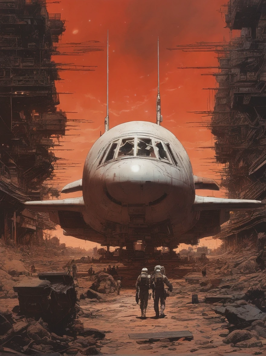 spaceships、Katsuhiro Otomo's painting style、Desolated star、Red burnt sky、Destroyed buildings