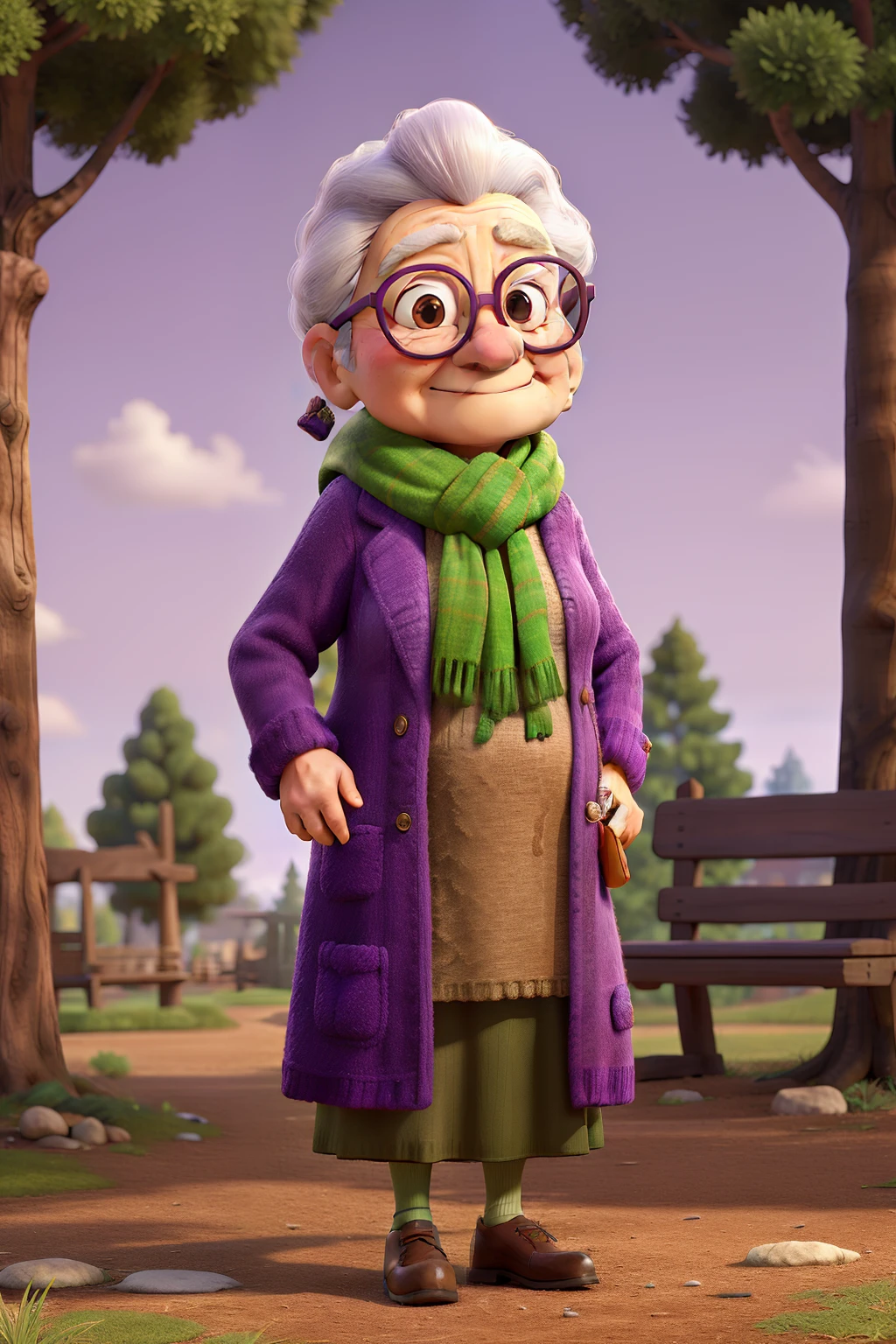 masterpiece, best quality, an old woman with glasses and a scarf on, wearing a purple coat and green scarf, standing at the park