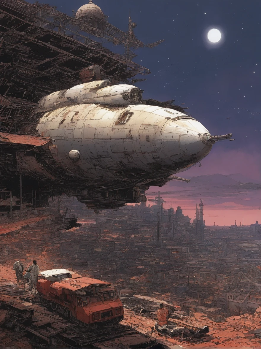 spaceships、Katsuhiro Otomo's painting style、Desolated star、Red burnt sky、Destroyed buildings
