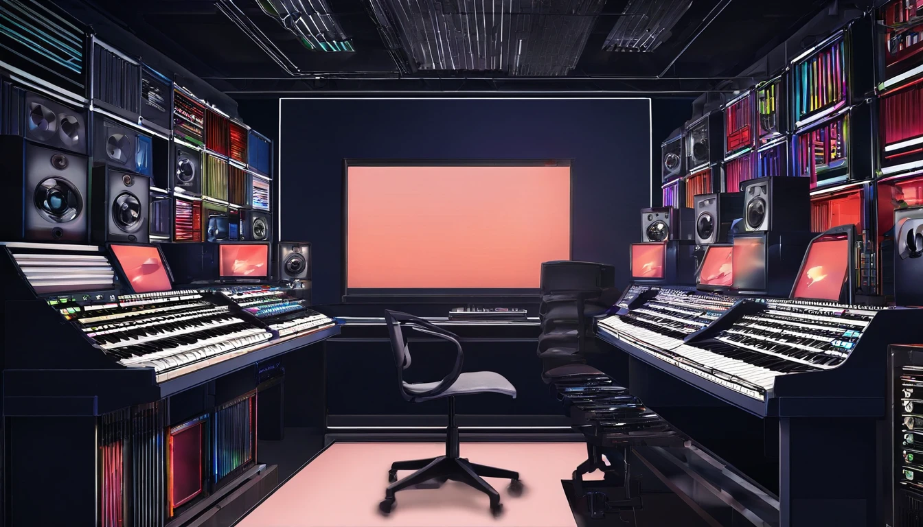 Music studio,dark chamber, the night, Computer, keyboards, Earphone, Monitor the speaker, pianos, guitar,Small lights, Background with, sofe,, Sateen, nigh sky, nightcity, No Man, A high resolution, Super sharp, 8K, tmasterpiece