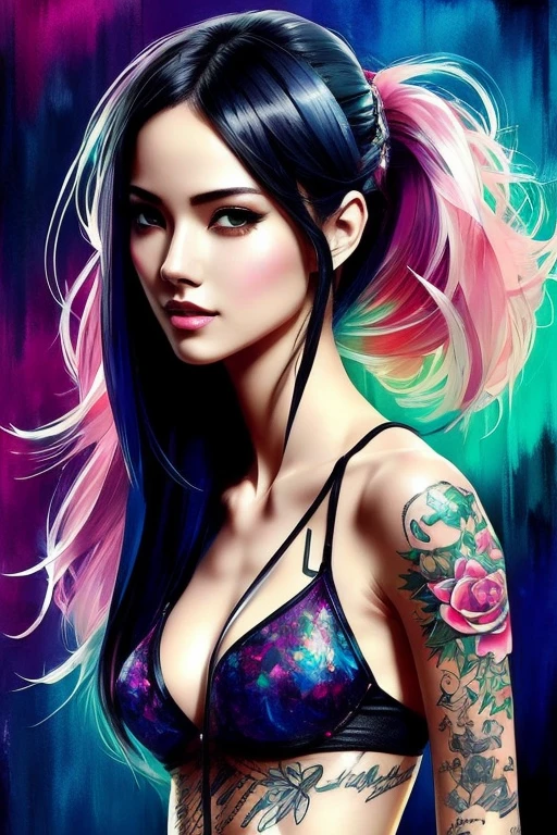 portrait full height , anime style tattoo from Lucy Drop cyberpunk Edgerunners with bright colors , slim,  smile, very detailed beautiful face and body, very small slim ????? with tattoo, long slender legs with tattoo, freedom, soul, digital illustration, approaching perfection, dynamic, very detailed, watercolor painting, art station, concept art, smooth, sharp focus, illustration in the style of artists like Russ Mills, Sakimichan, Vlop, Lois, Artgerm