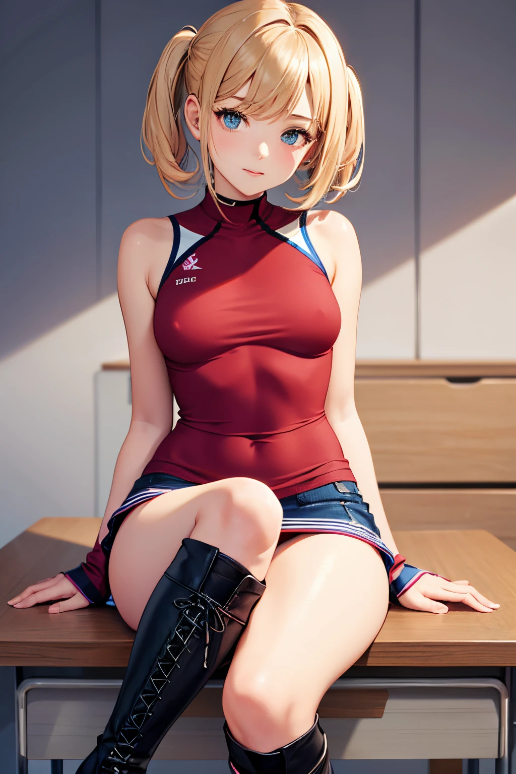 Short Female cheerleader sitting on her desk,small breasts,petite,slim body leg's and thighs,wearing over the knee stiletto boots,skinny,short,