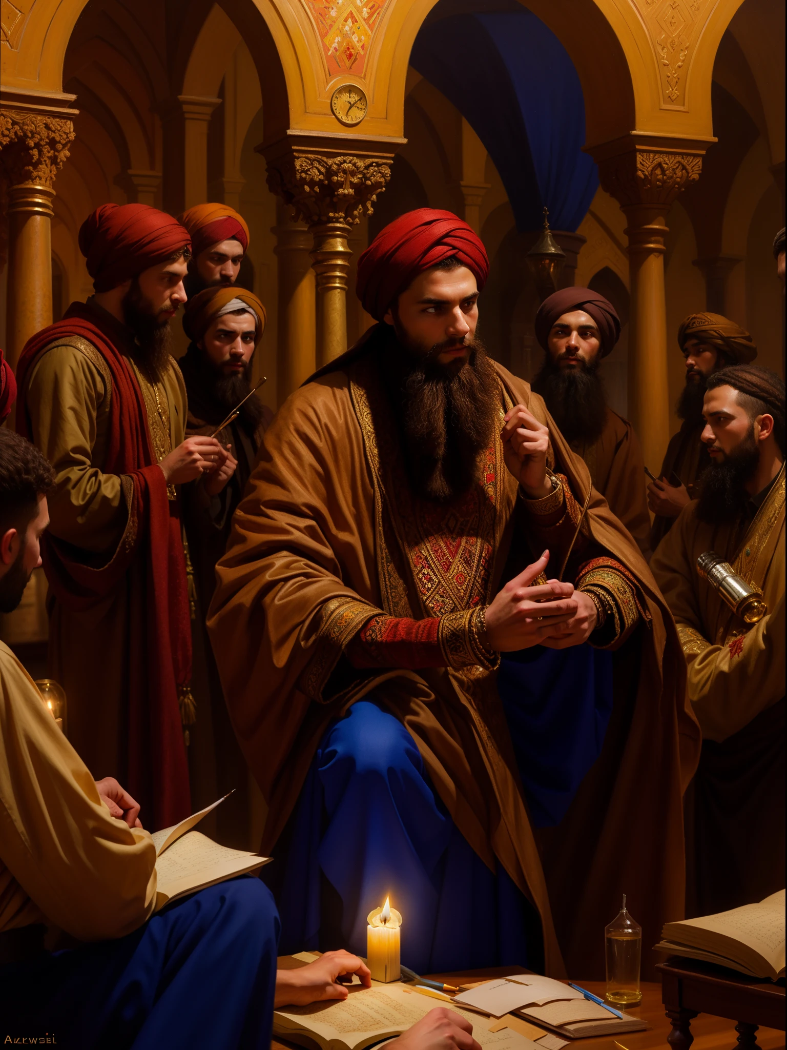 image arafée d'a man assists in a piece with a group of'hommes, alexey egorov, par Alexander Kucharsky, par Artur Tarnowski, par Ahmed Karahisari, sergey zabelin, couple kamāl ud-dīn behzād, academic painting, par Johfra Bosschart