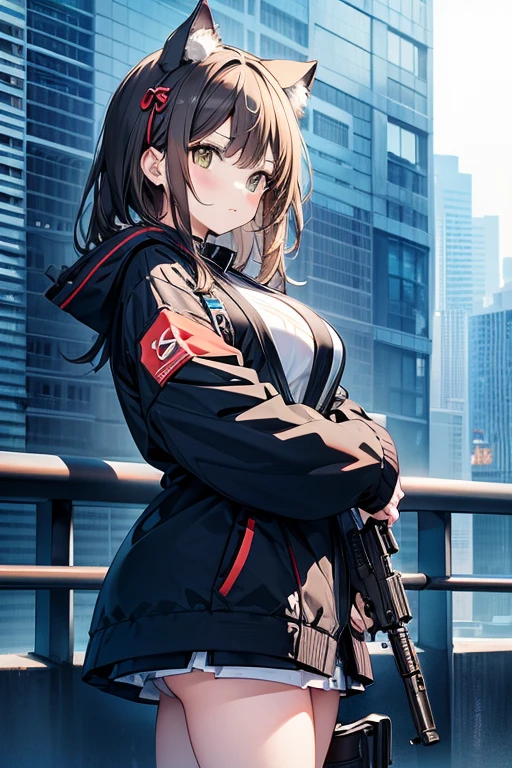 One wears JK，Girl with cat ears holds a Glock pistol with a silencer，Surrounded by high-rise buildings and huge crowds of people。