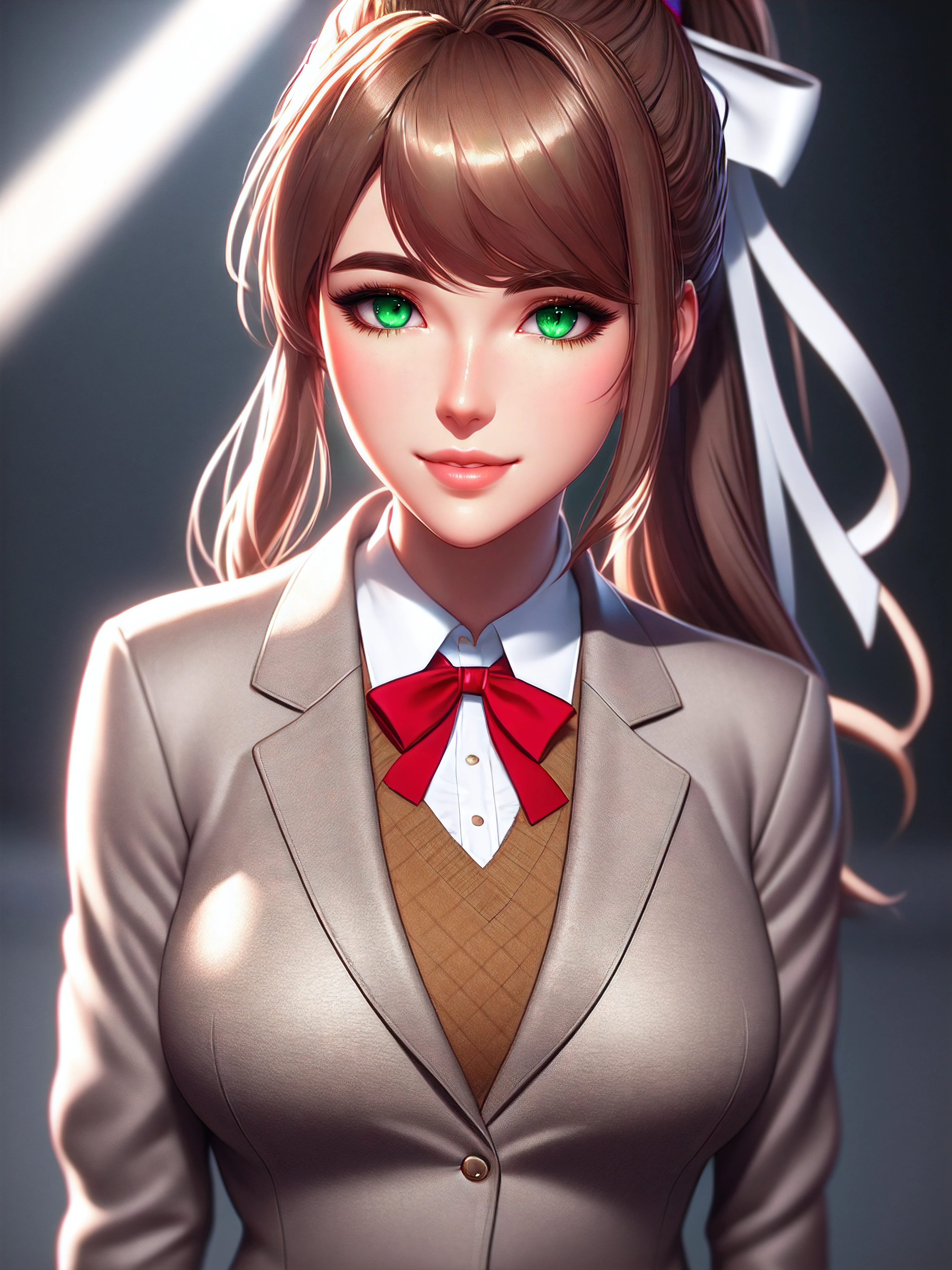 (solo:1.3) Monika, young, light brown hair, high ponytail, large white bow, prominent strands of hair, neatly cut fringe, (warm gray blazer, brown wool vest, immaculate white shirt, red ribbon on the collar). Maximum sharpness, UHD, 16K, anime style, best possible quality, ultra detailed, best possible resolution, ((profile image)), Unreal Engine 5, more detail.