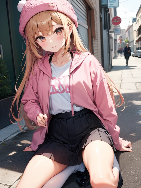 A woman named Lucy. Lucy, wearing pink casual clothes which she usually combines with a light orange winter jacket on her back. Wearing a small black skirt and adding white socks to cover her feet. Long white hair down to his knees and wearing a cute pink hat with interesting accessories. The skin color is light brown to white and has a characteristic black spot on one of its legs.