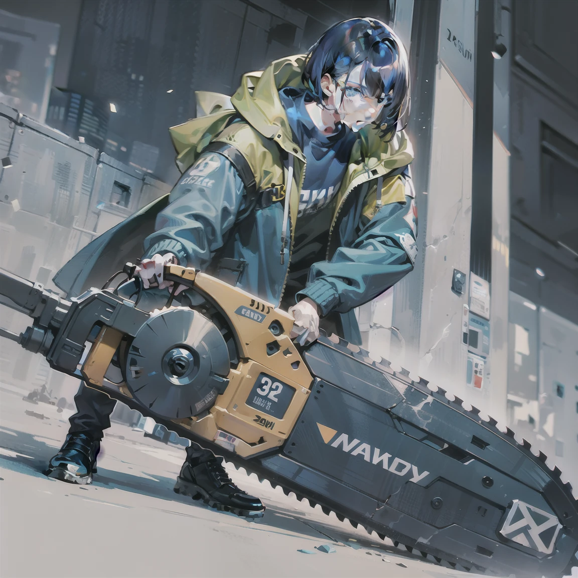 Anime high quality,best quality,ultra-detailed:1.2),masterpiece:1.2, HDR, vibrant colors,studio lighting,sharp focus,physically-based rendering,portrait,concept art,moody,blue color palette, dramatic lighting,detailed eyes,hooded oversized jacket,full body,man with blue bob haircut, circular saw.