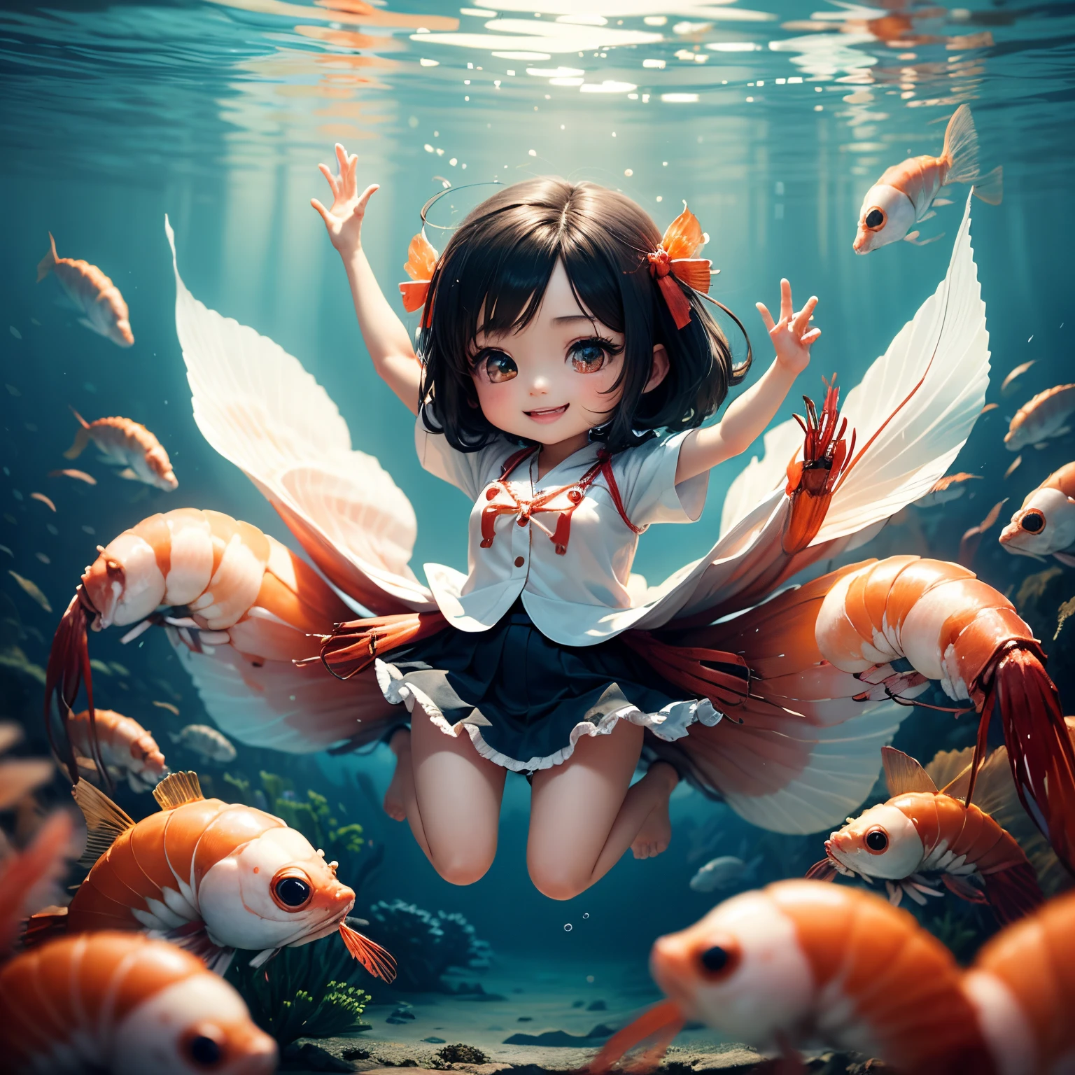 masterpiece、top-quality、ultra-detailliert、(chibi character shrimp girl:1.2)、A dark-haired、A large school of 10 shrimp is swimming、inside the glass aquarium、The corals、shellfish、A smile、full body Esbian、hair swaying on the water surface