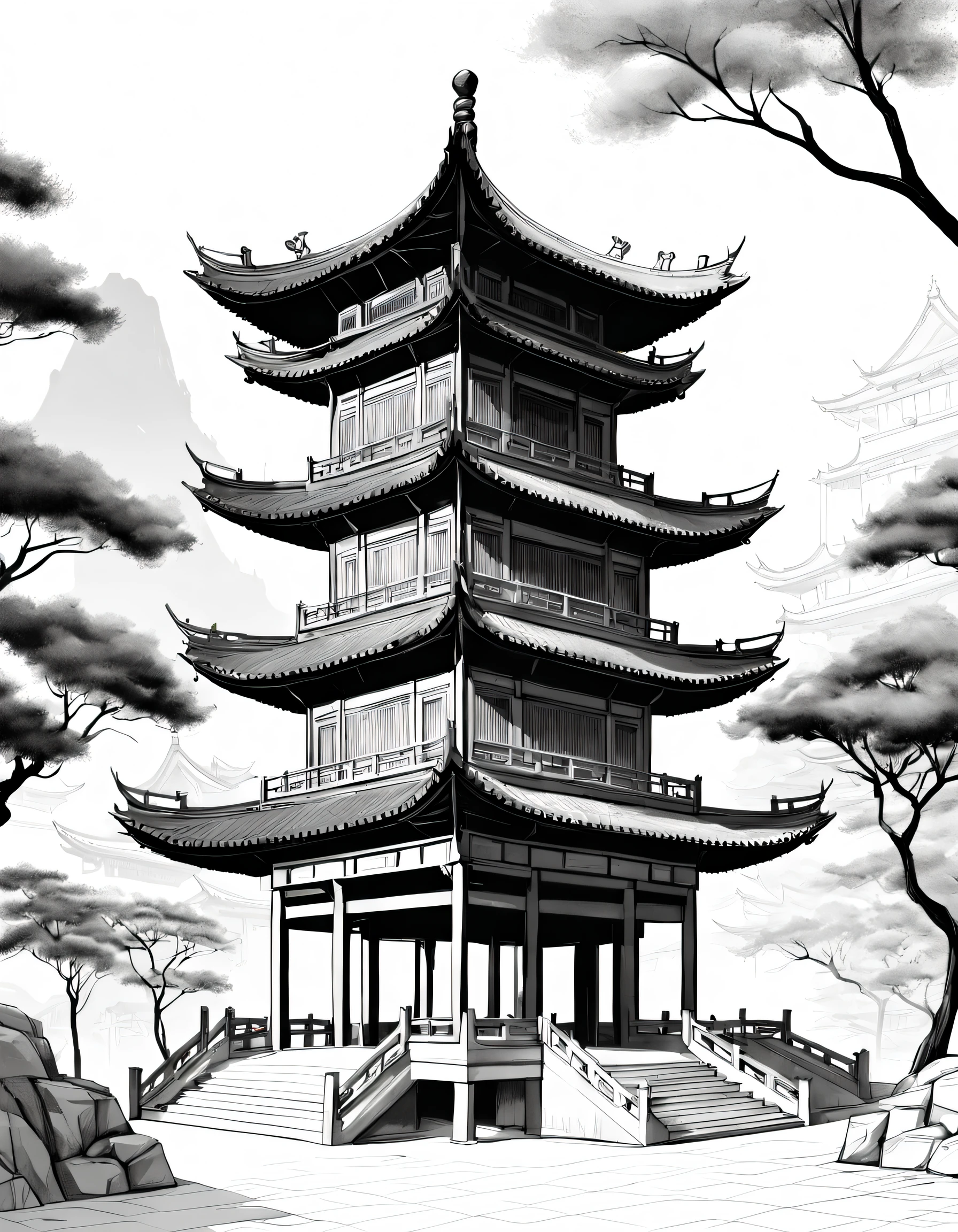 Architectural concept design, line art,Chinese Dou Gong Pavilion,High quality illustrationtiz,pencil drawing,pen painting,