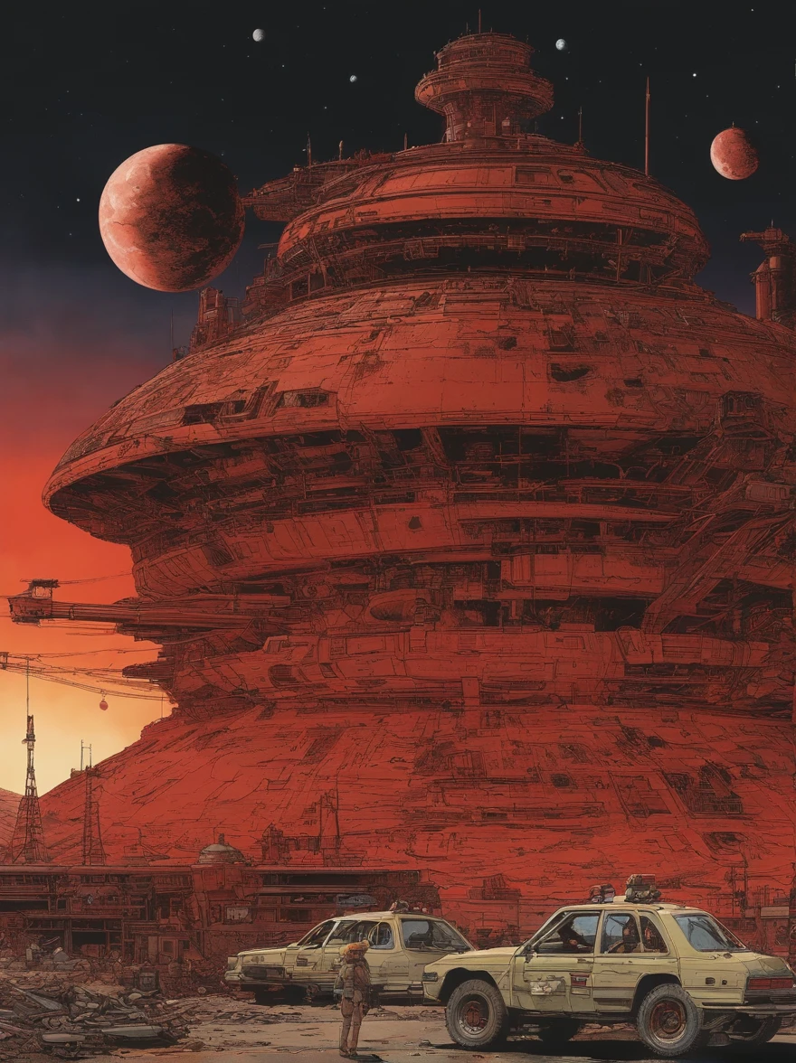 spaceships、Katsuhiro Otomo's painting style、Desolated star、Red burnt sky、Destroyed buildings