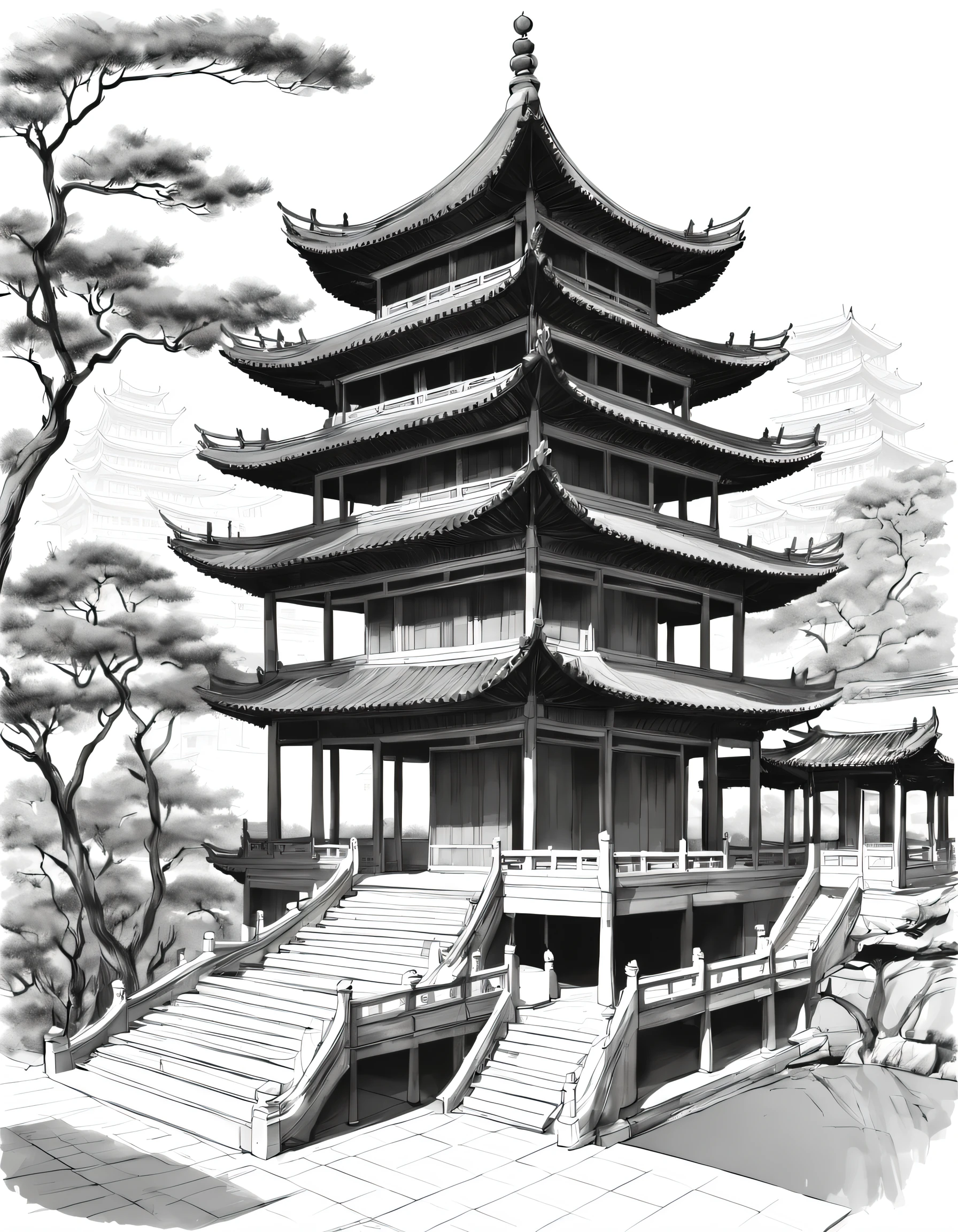 Architectural concept design, line art，Chinese Dou Gong Pavilion，High-quality illustrations，Fine details，Meticulous，pencil drawing，pen painting，