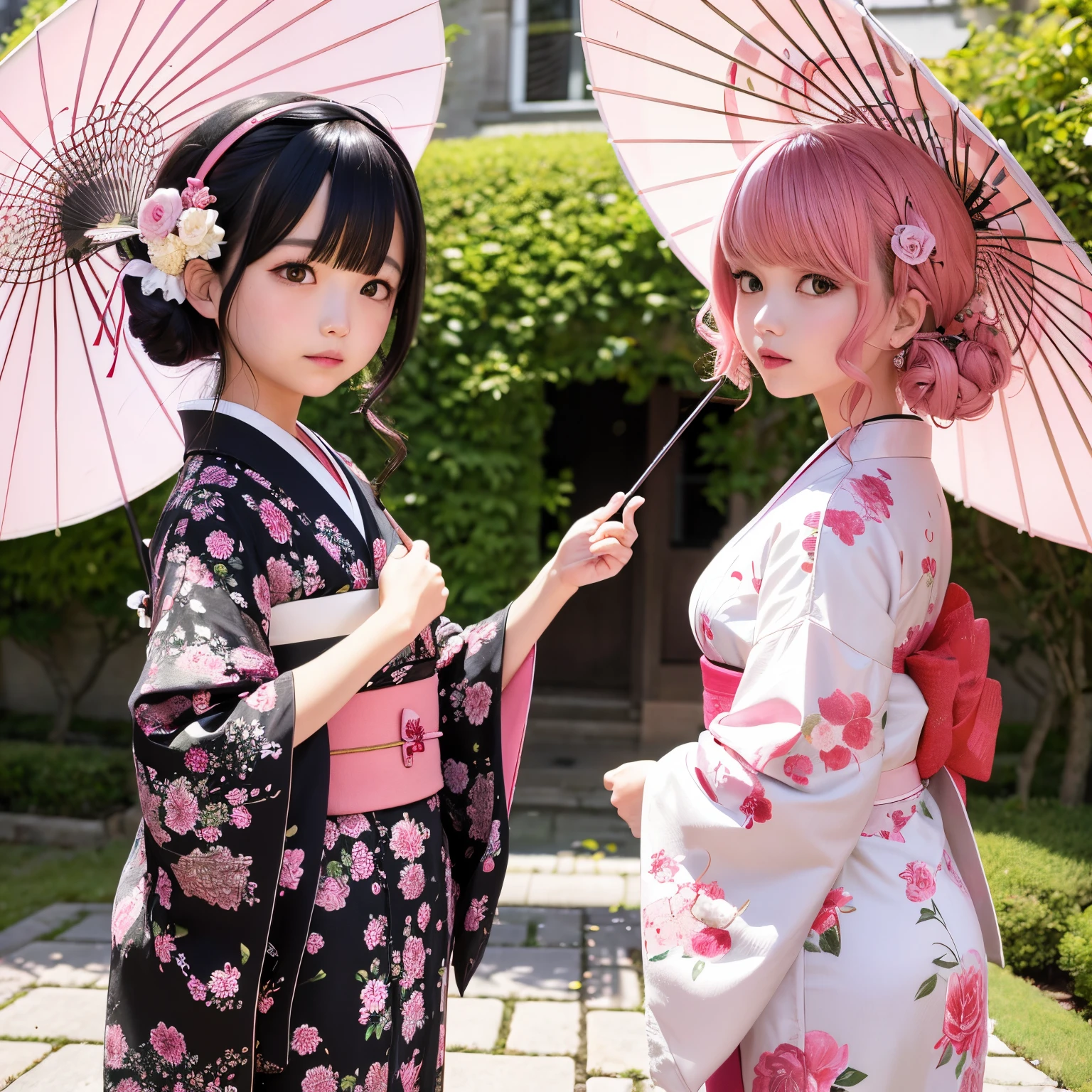 1 girl with a whole body、pink and black hair、Curly hair、floral headband、Courtyard of the mansion、Gorgeous kimono、off shoulders、Holding a parasol、Japan anime-style odd-eye,